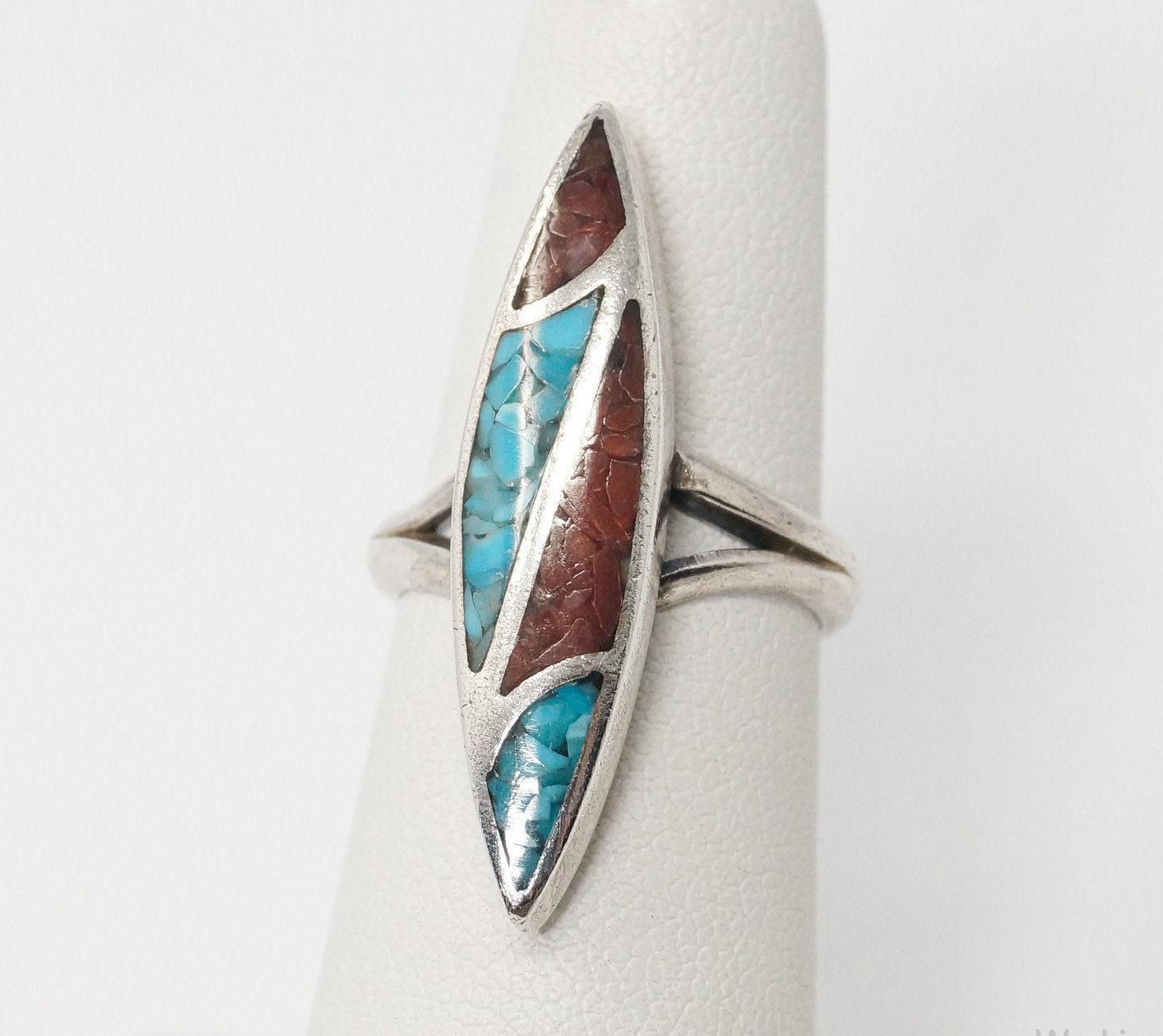 Vintage Native American Turquoise Coral Unsigned Sterling Silver Ring - Sz 5.25