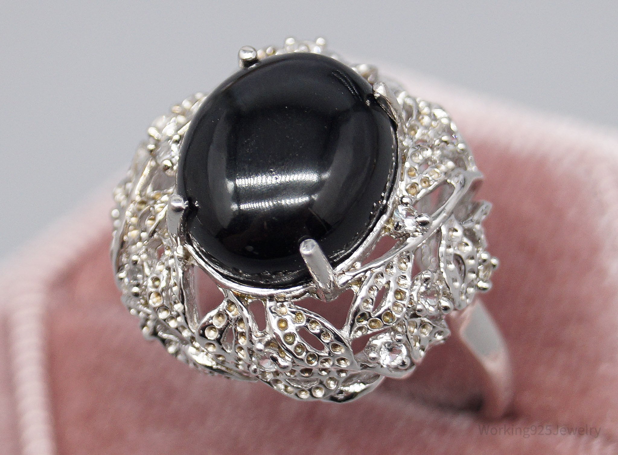 Vintage Black Onyx Cubic Zirconia Sterling Silver Ring - Size 9.25