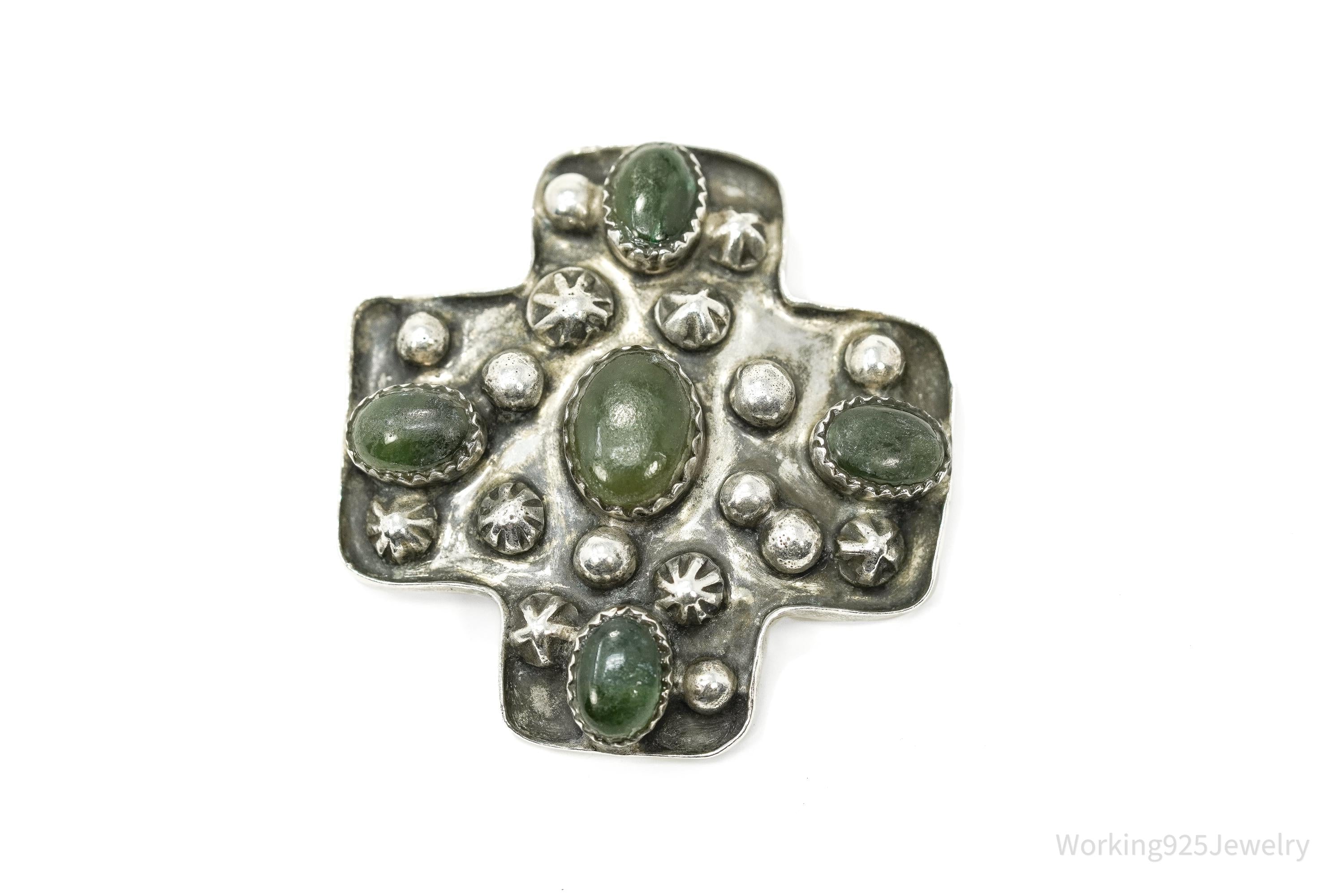 Native American Style Cross With Green Stones Sterling Silver Pin