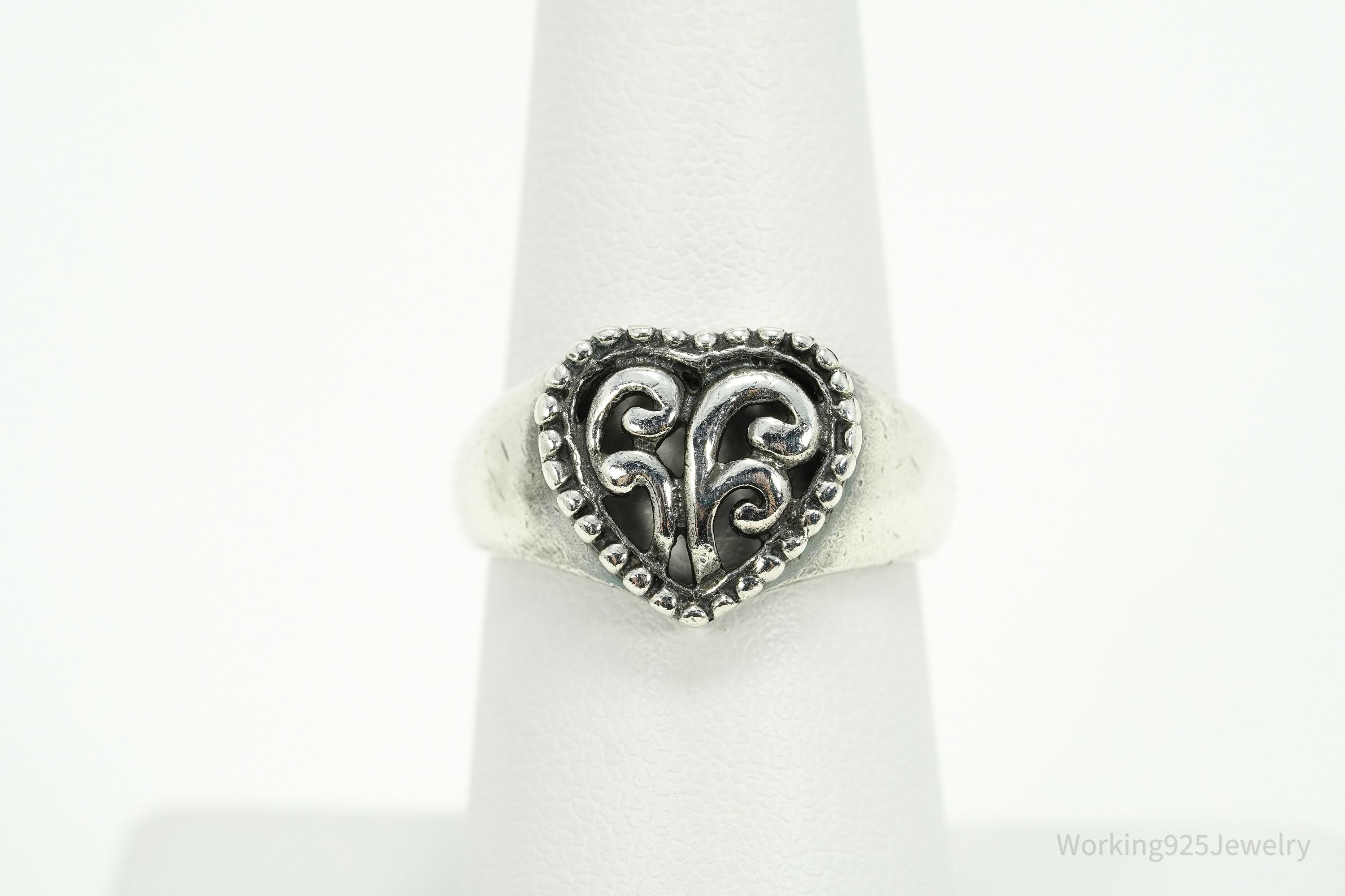 Vintage Scroll Heart Sterling Silver Band Ring - Size 7