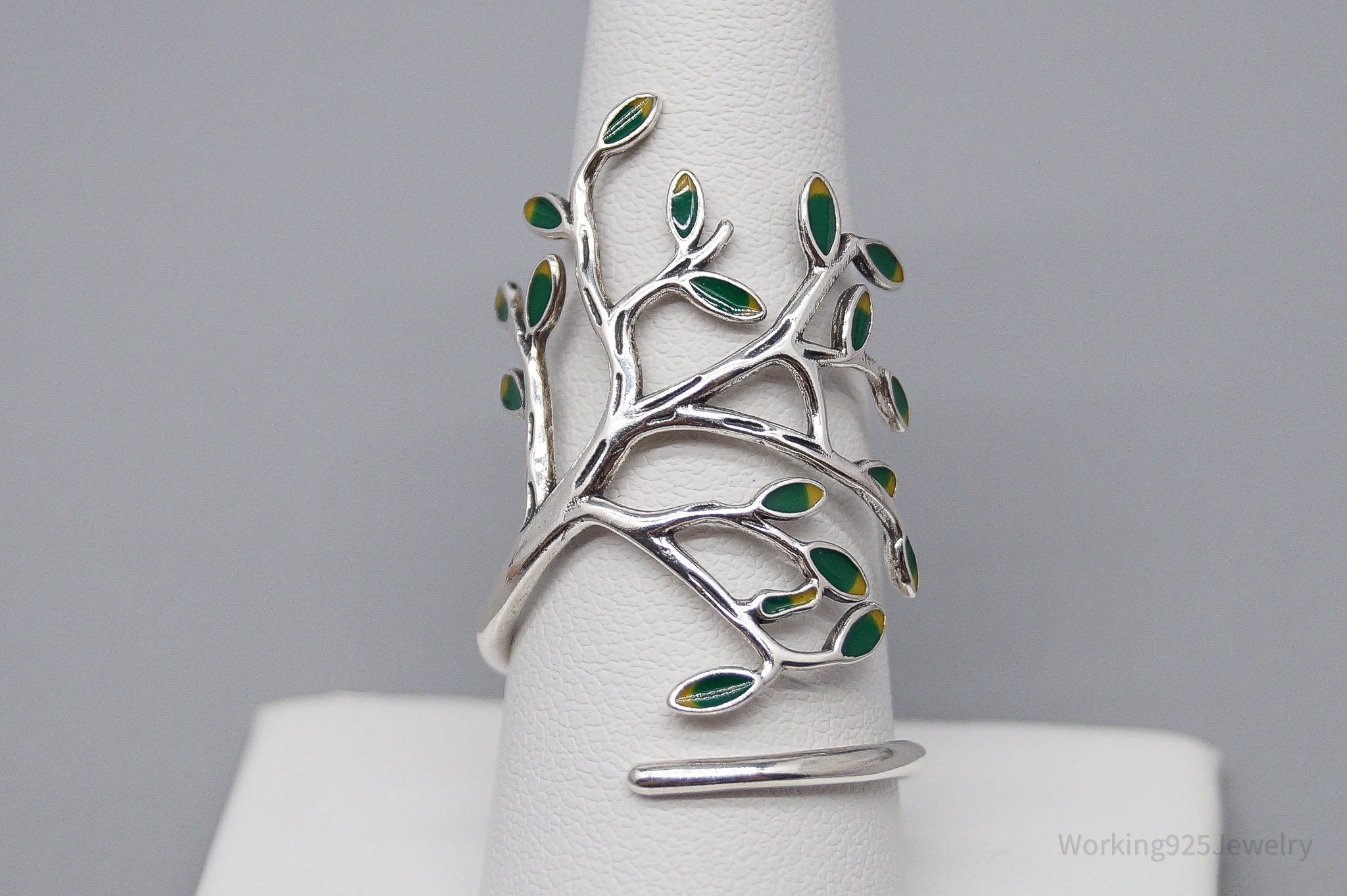 Vintage Tree Sterling Silver & Enamel Wrap Ring - Size 10.15 Adjustable