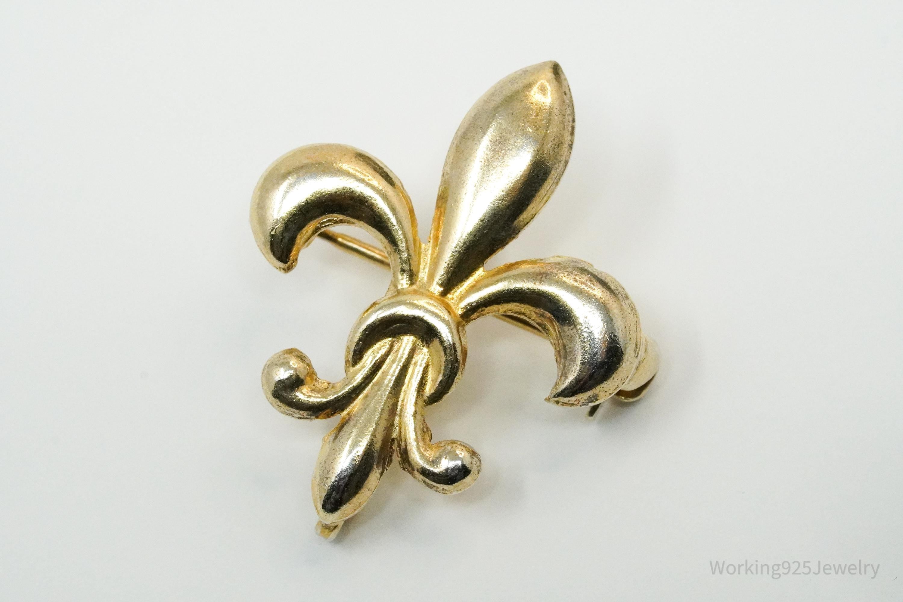 Vintage Fleur De Lis Gold Vermeil Sterling Silver Brooch Pin