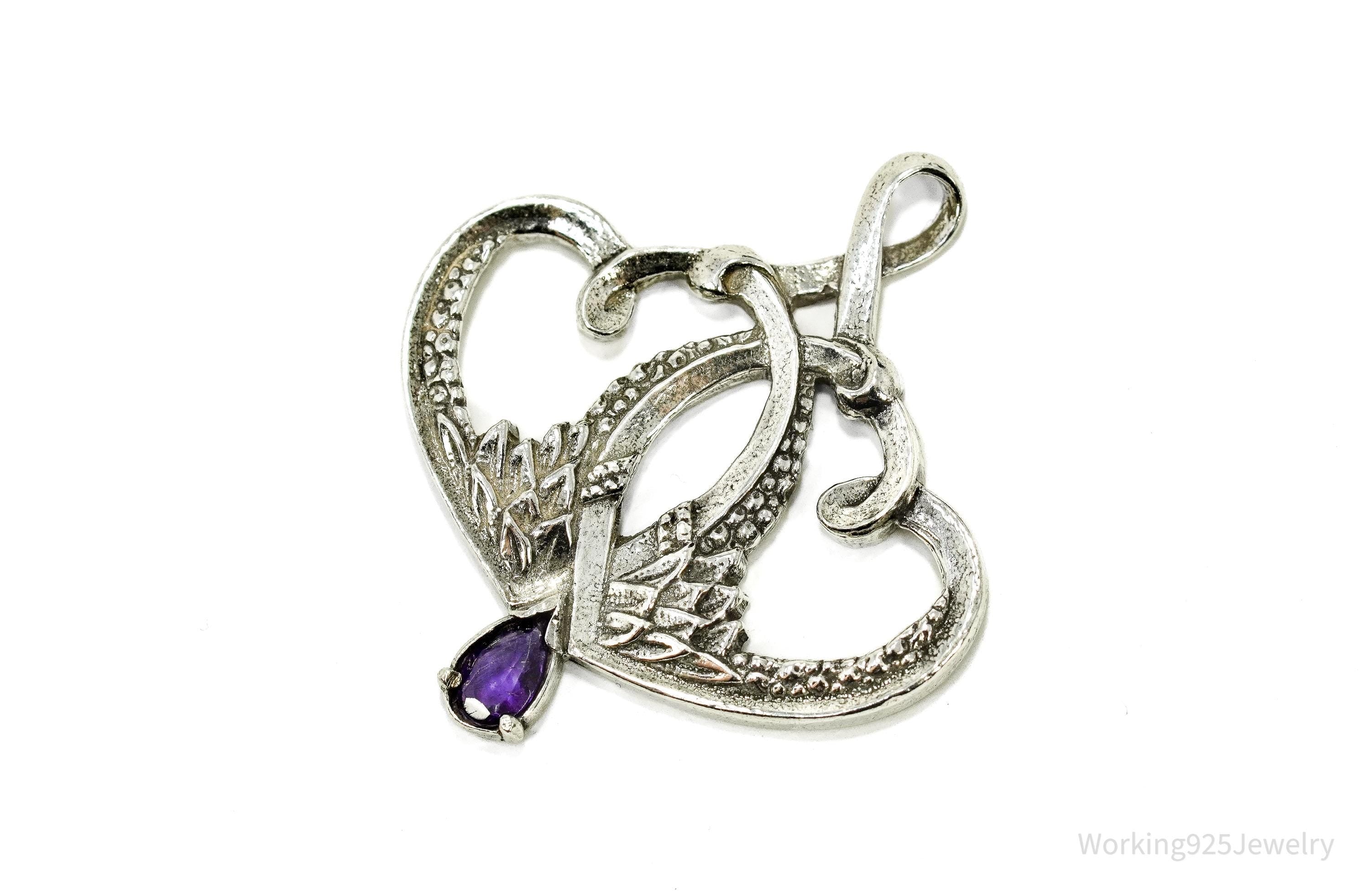Vintage 1893 GRADH Franklin Mint Double Heart Amethyst Sterling Silver Pendant
