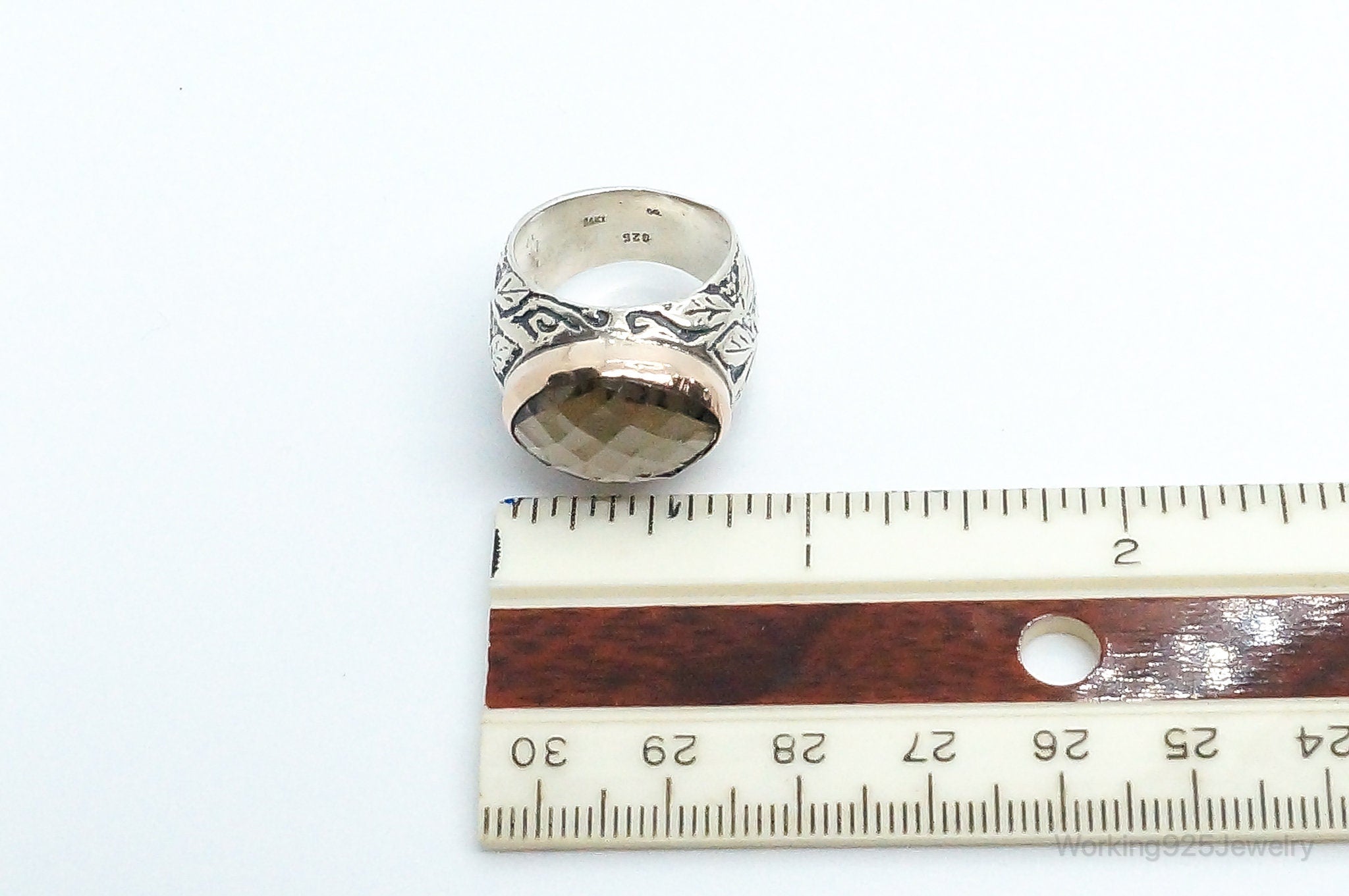 Vintage Large Smoky Topaz 14K Gold Sterling Silver Ring - Size 7.25