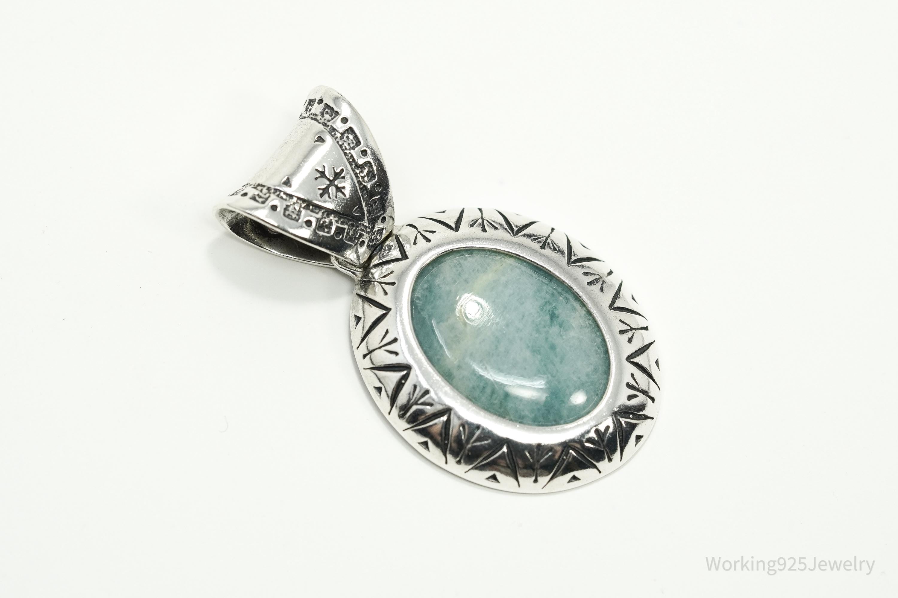 Large Vintage Carolyn Pollack Relios Milky Aquamarine Sterling Silver Pendant 2"