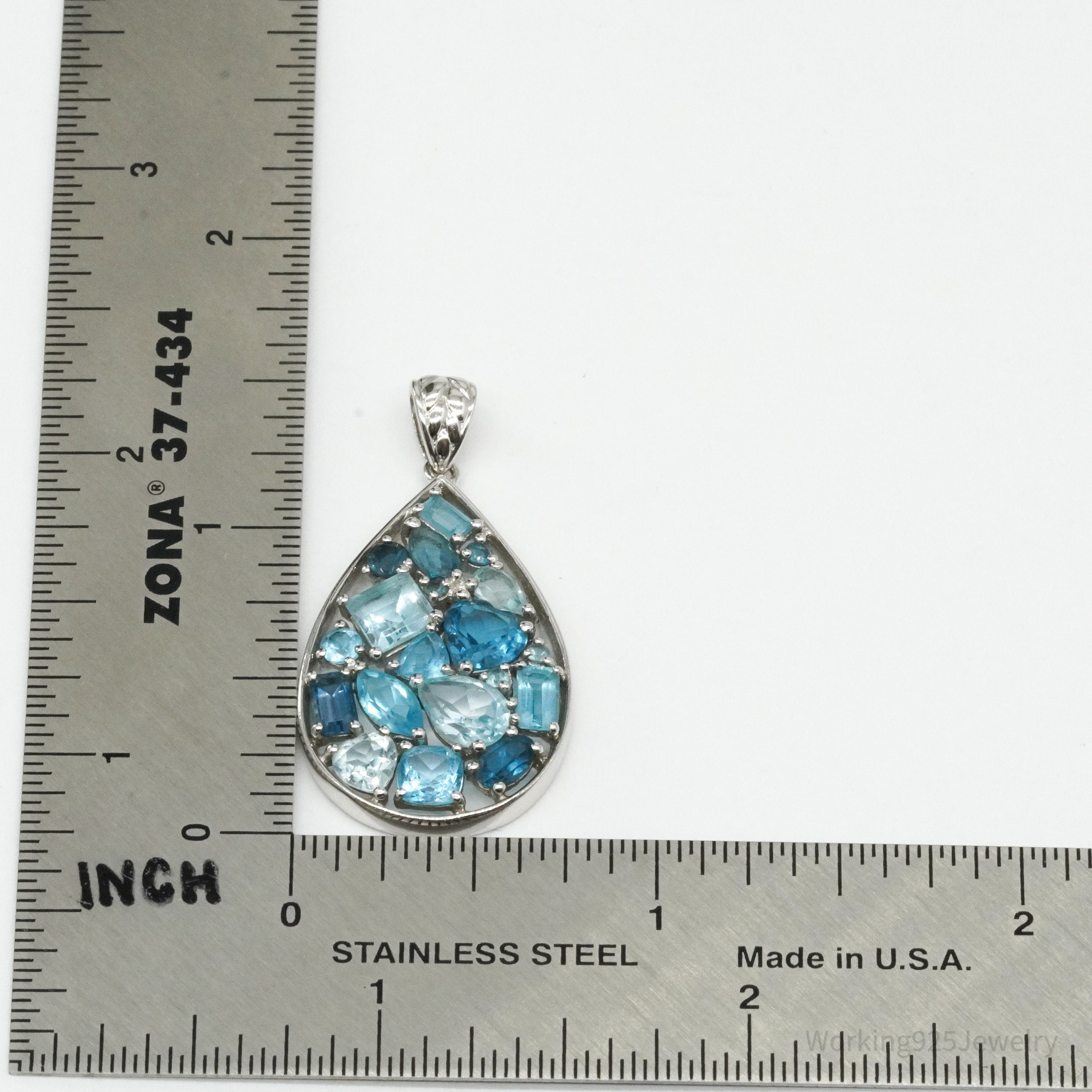 Vintage Blue Topaz Cluster Sterling Silver Necklace Pendant