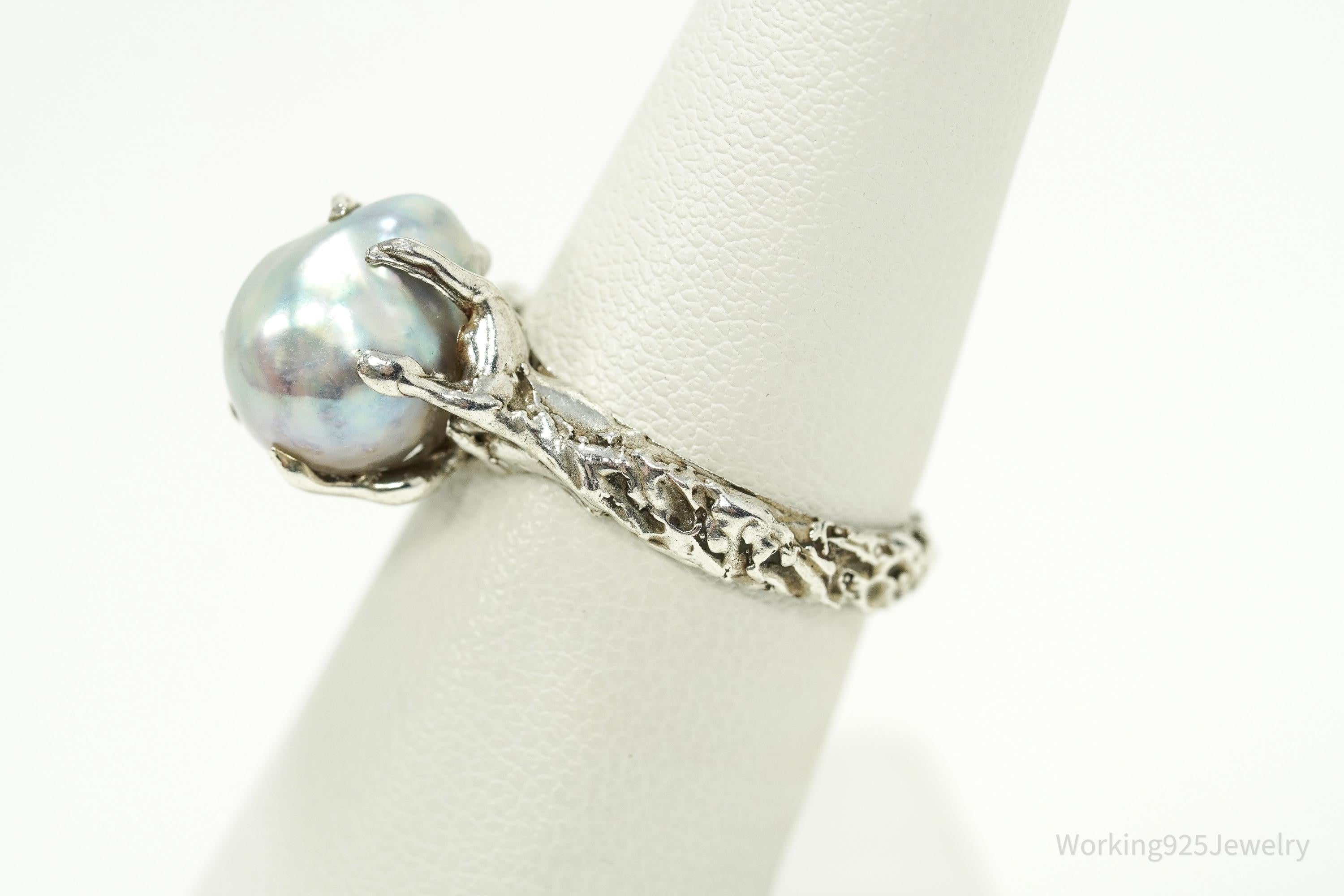 Vintage Pearl Brutalist Silver Ring - Size 6