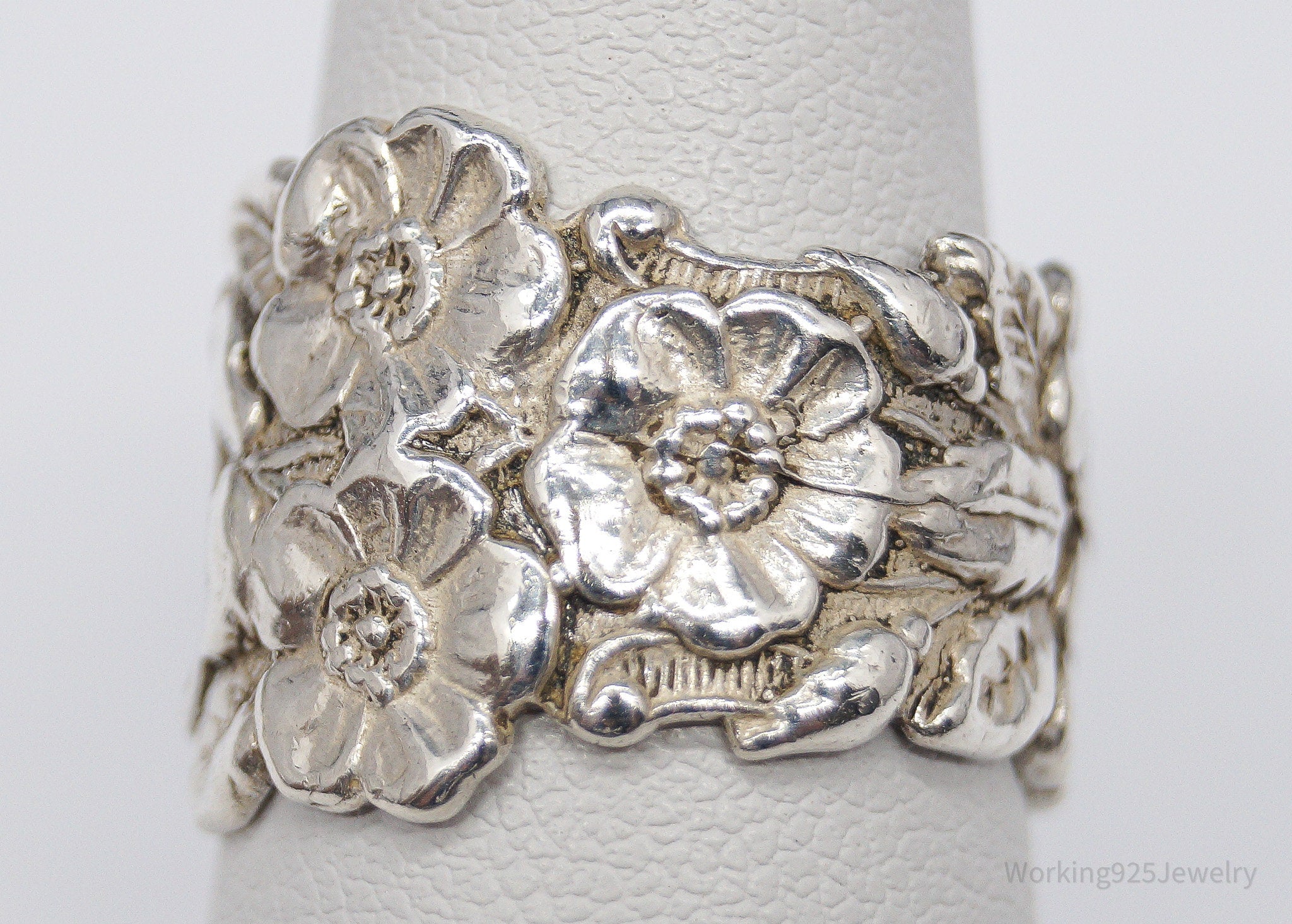 Antique Designer Paille Floral Pattern Sterling Silver Ring - Size 7.75