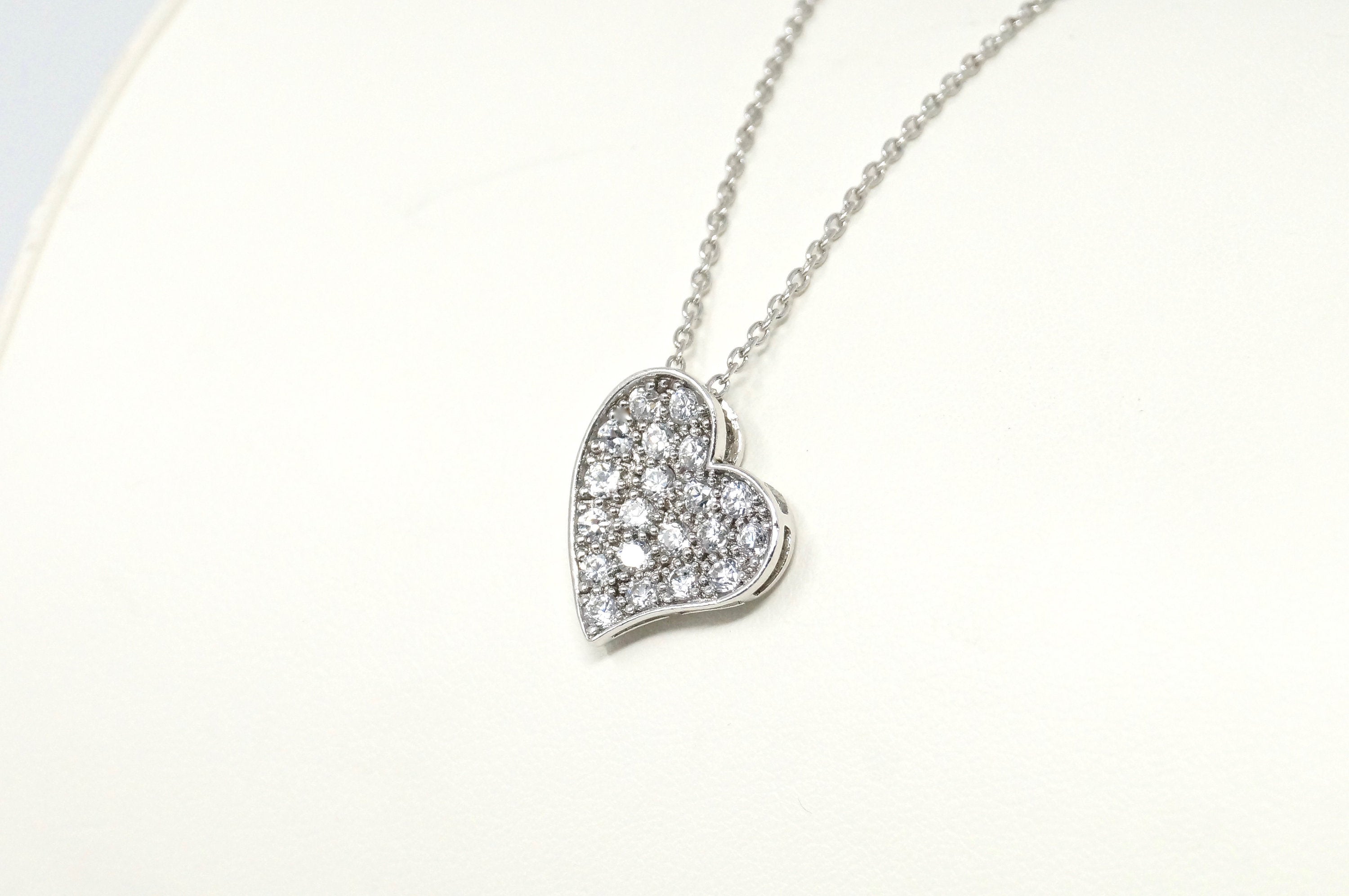 Vintage Simulated Diamond Accented Sweetheart Heart Sterling Silver Necklace 18"