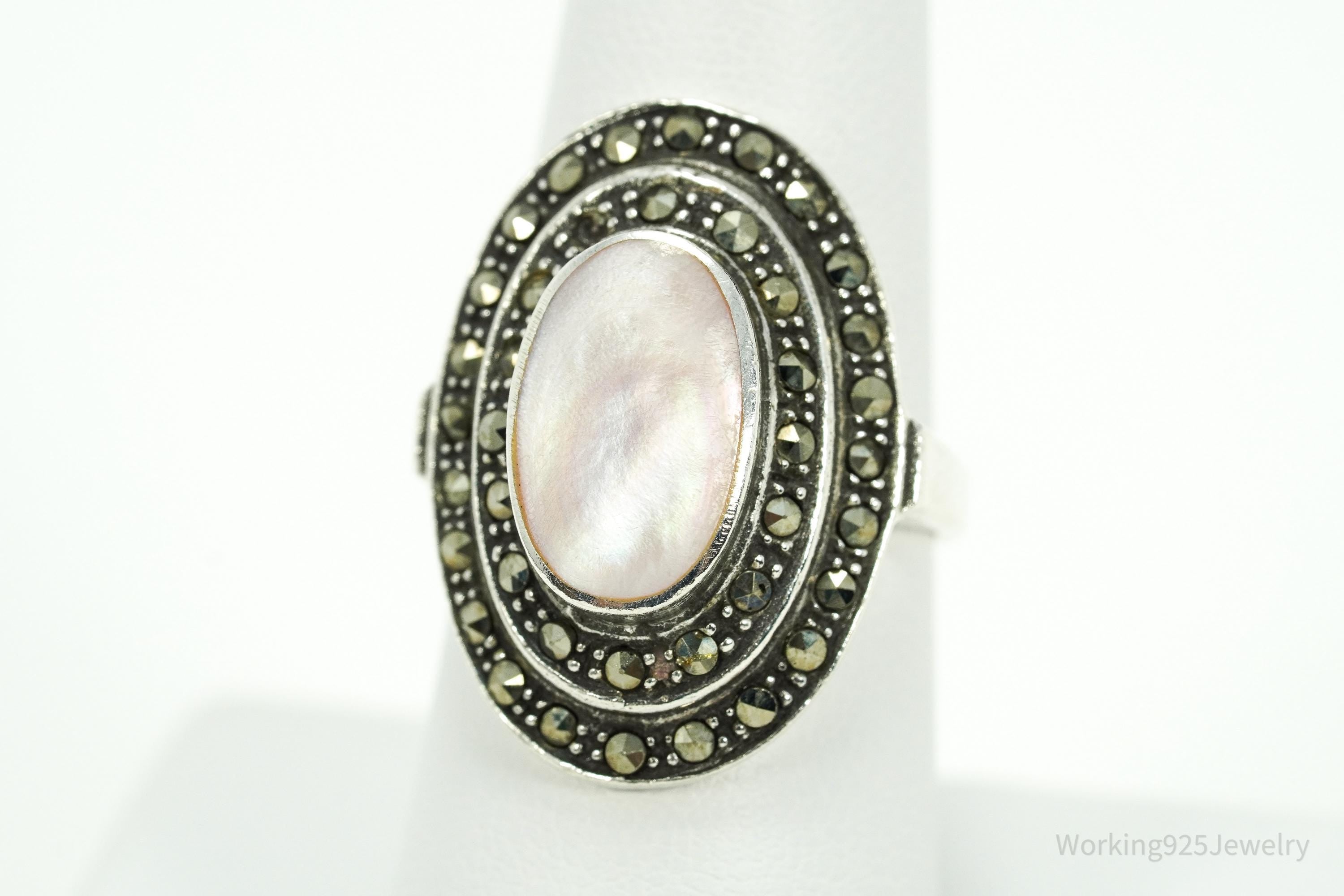 Vintage Pink Mother Of Pearl & Marcasite Sterling Silver Ring - Size 7.5
