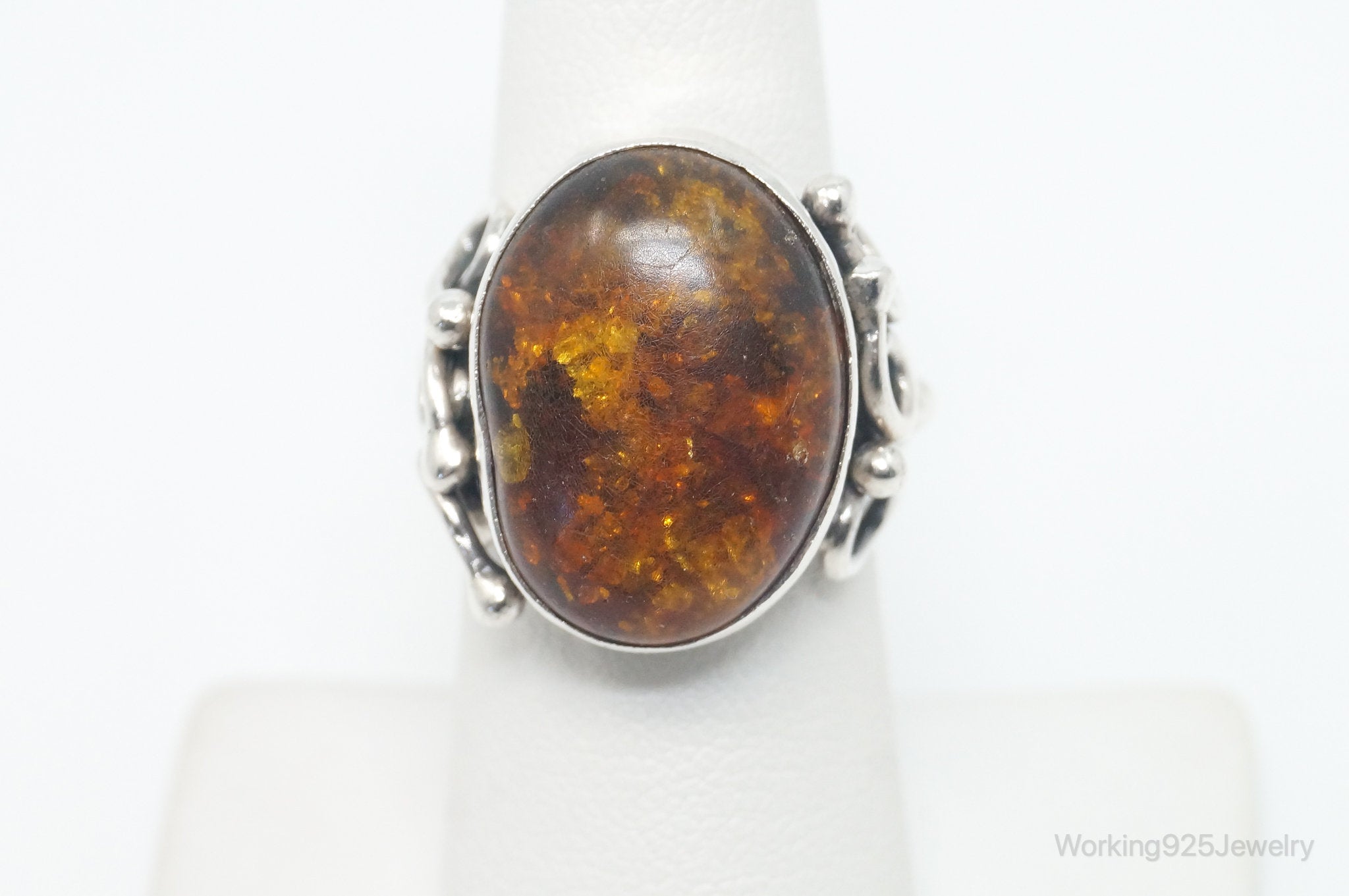 Vintage Large Baltic Amber Modern Sterling Silver Ring - Size 6.25