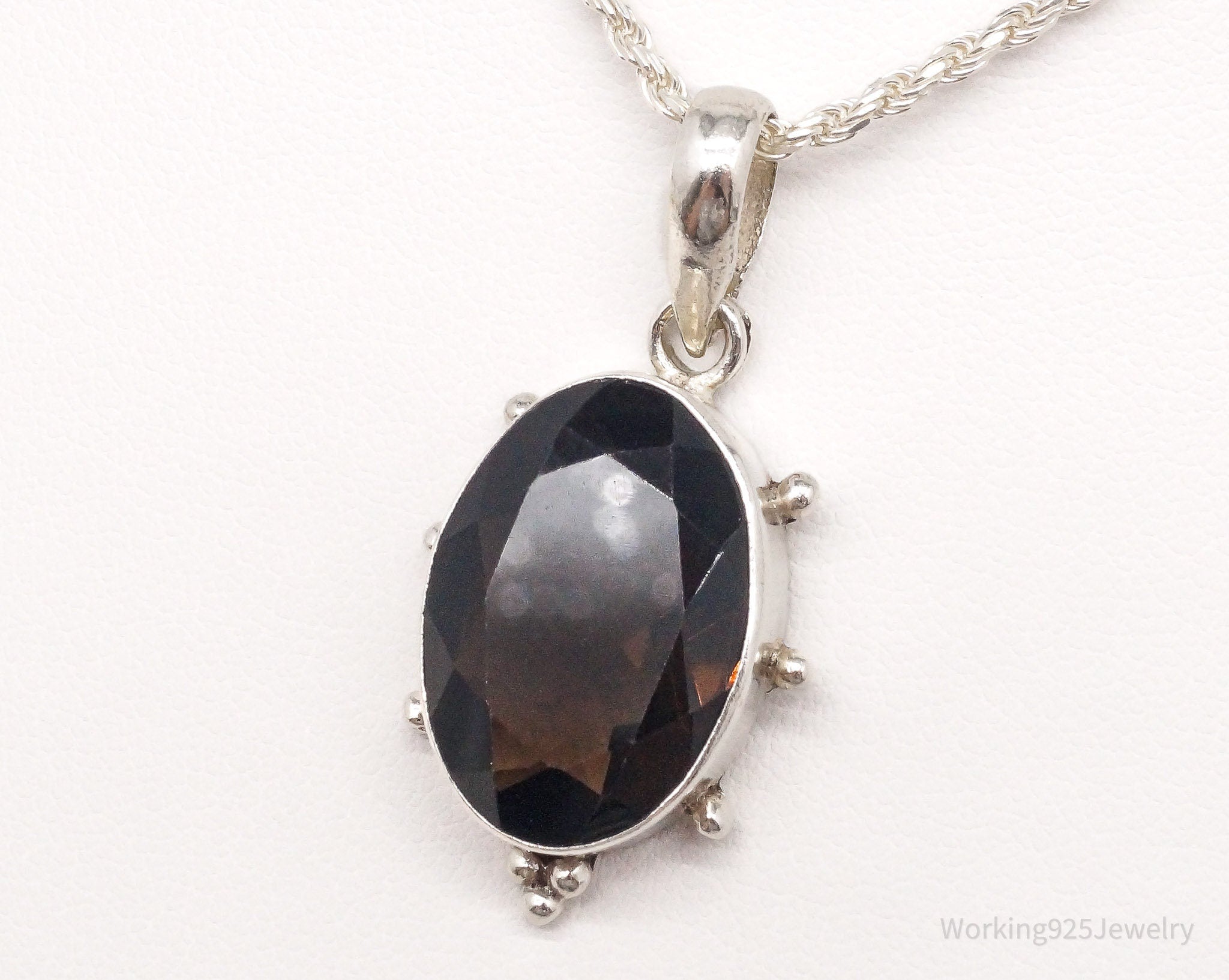 Vintage Large Smoky Topaz Sterling Silver Necklace 16"