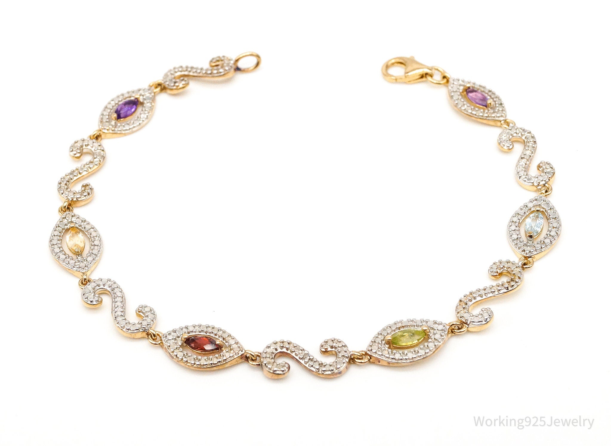 Vintage Multi Gem Single Diamond Gold Over Sterling Silver Bracelet