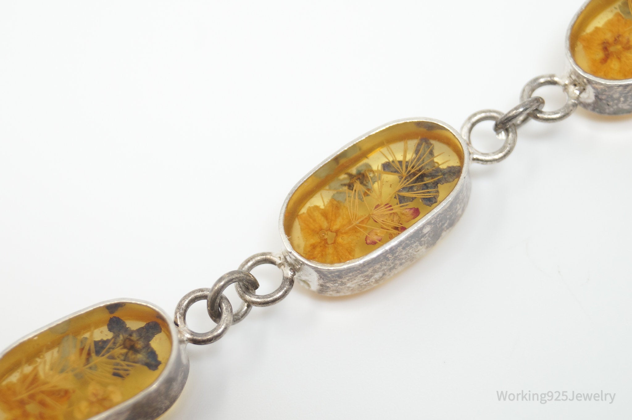 Vintage Pressed Flowers Resin Sterling Silver Bracelet