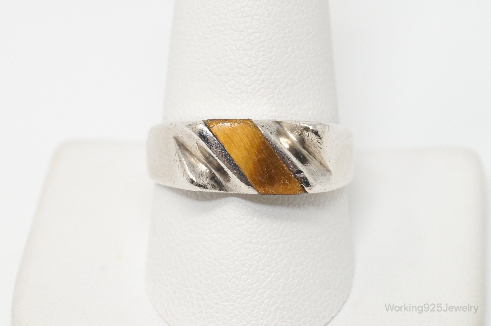 Vintage Taxco Mexico Artisan Tigers Eye Modern Sterling Silver Ring - Sz 10.75