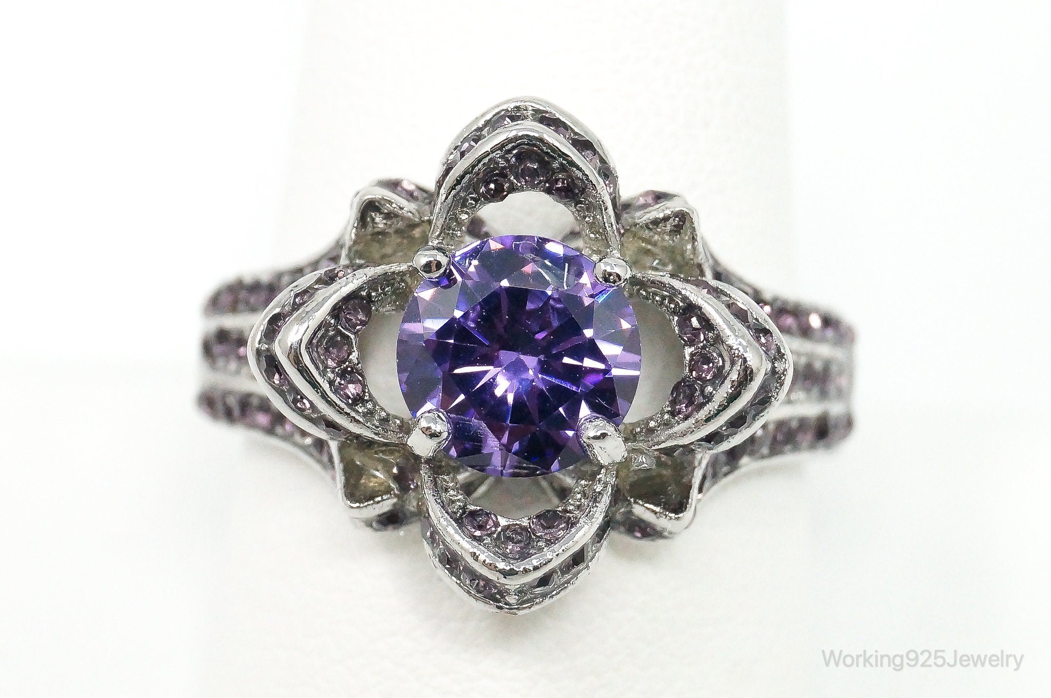 Vintage Purple Cubic Zirconia Amethyst Sterling Silver Ring - Size 10