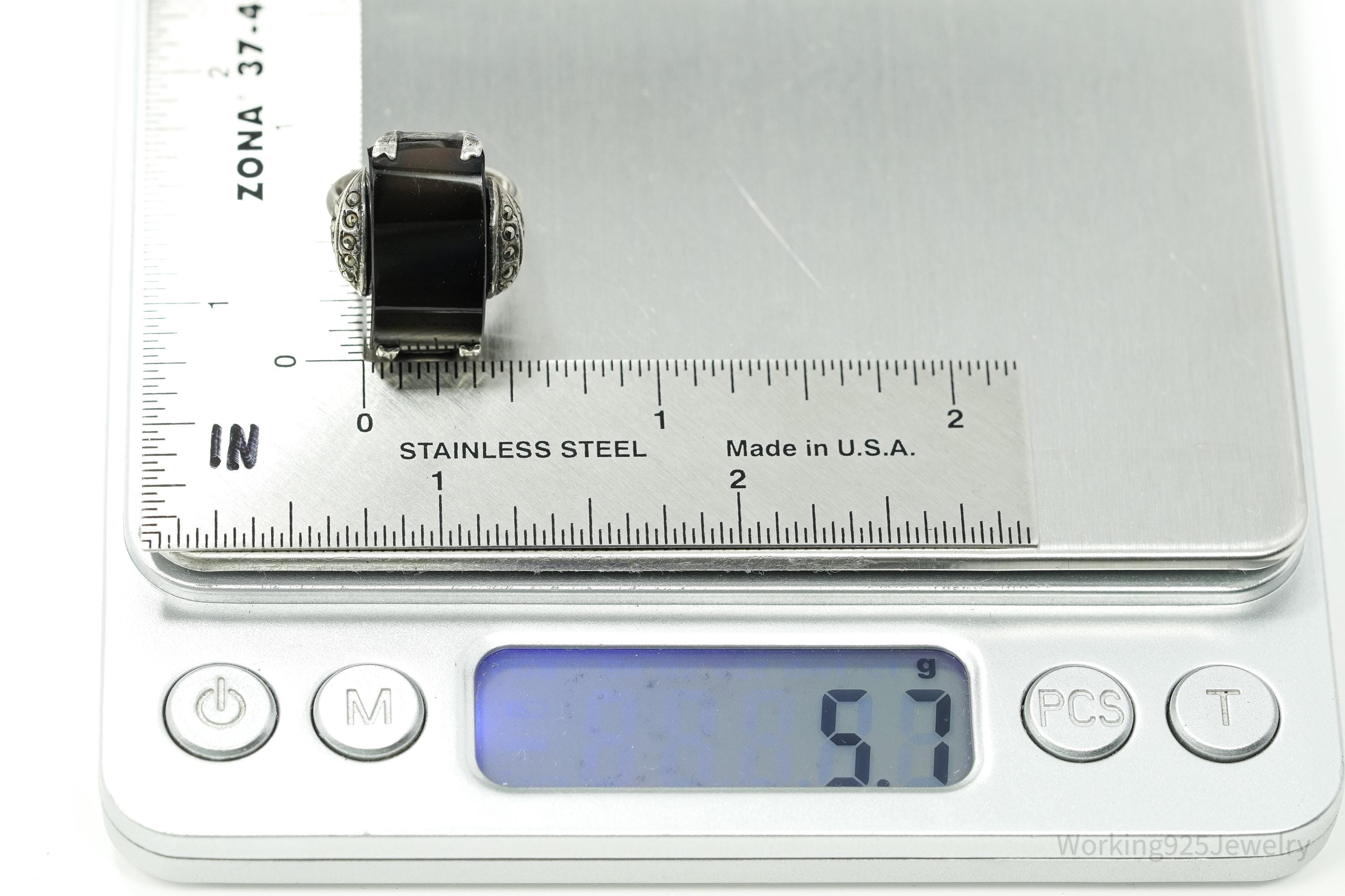 Antique Art Deco Black Onyx & Marcasite Sterling Silver Ring - Size 4.5