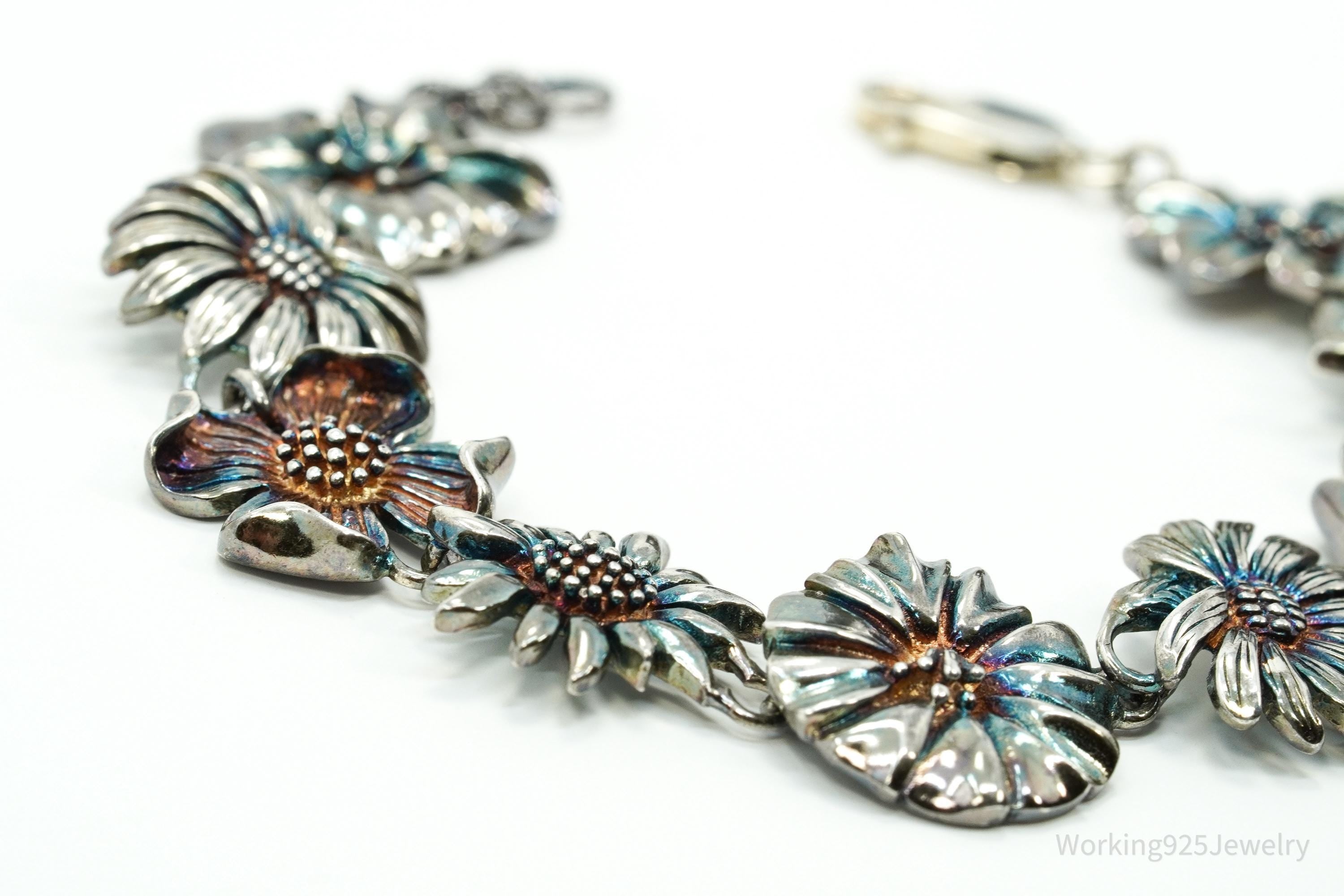 Vintage Flowers Sterling Silver Bracelet 7.5"