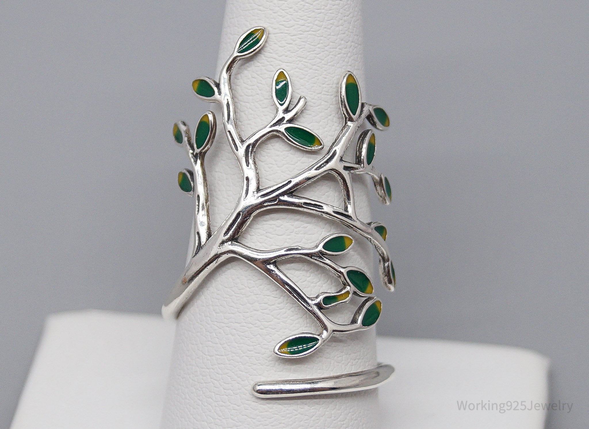 Vintage Tree Sterling Silver & Enamel Wrap Ring - Size 10.15 Adjustable