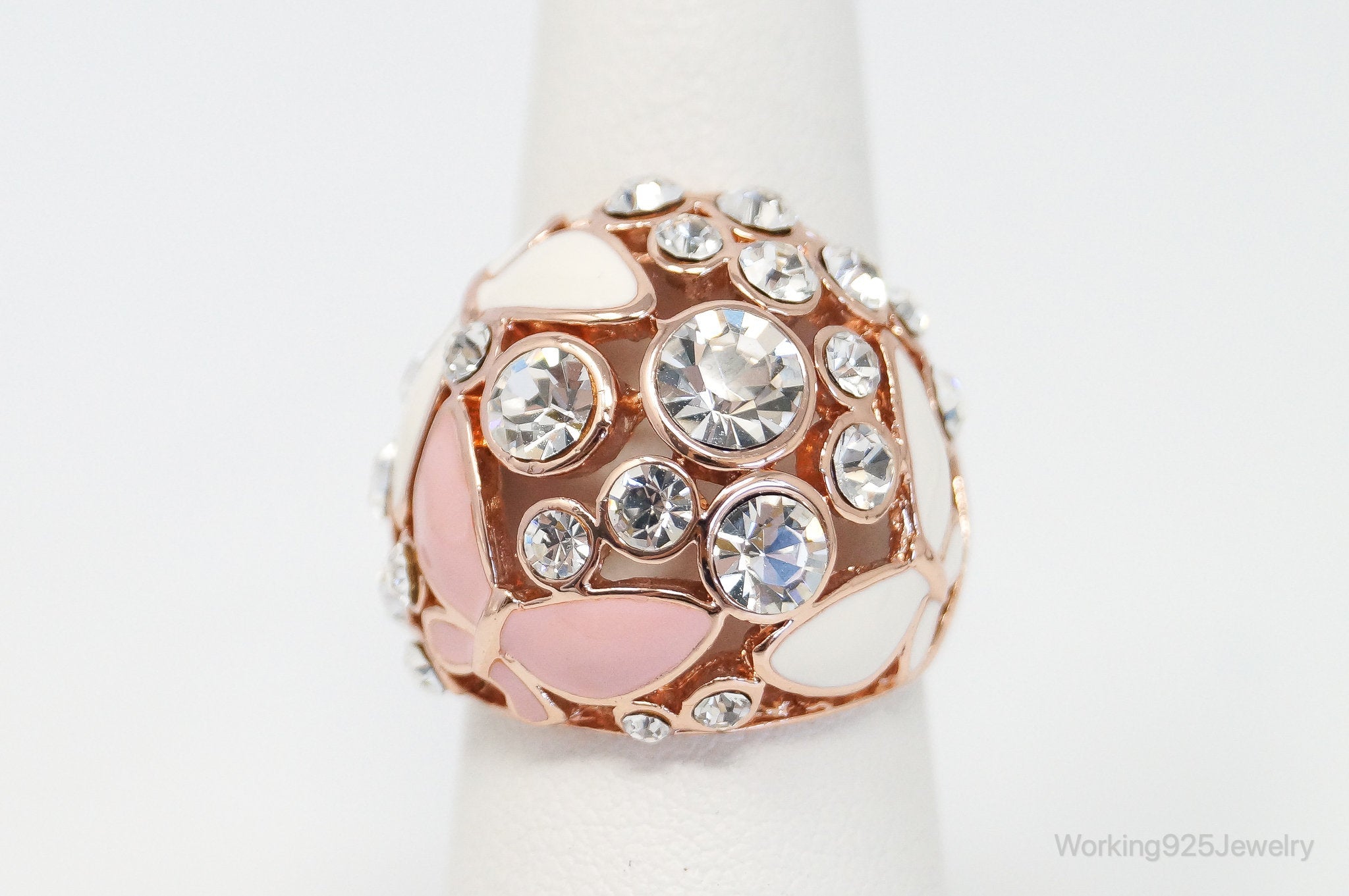VTG Rose Gold Enamel Crystals & Butterflies Statement Costume Ring Size 7