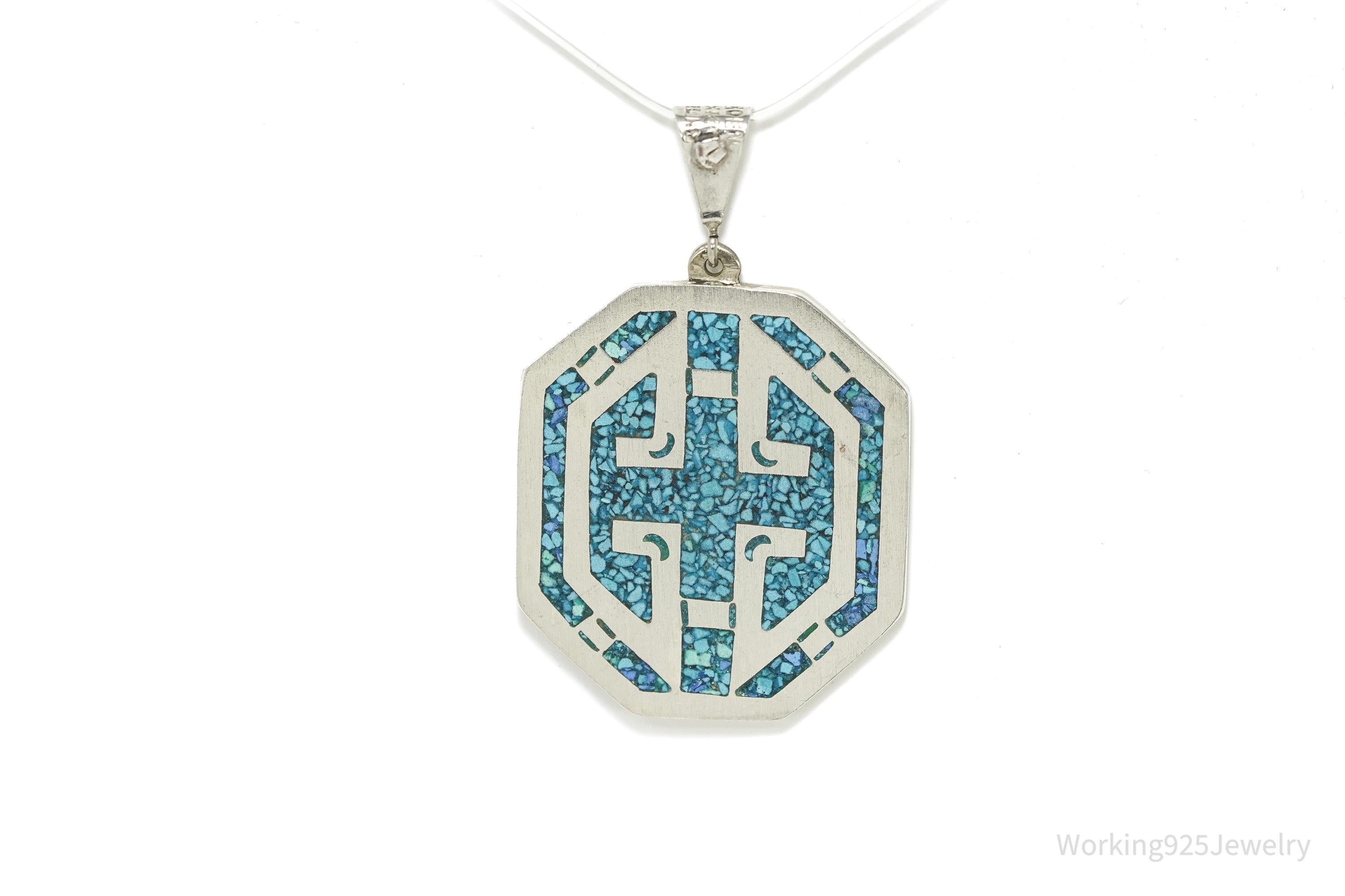 Vintage Large Mexico Inlay Reversible Sterling Silver Necklace Pendant