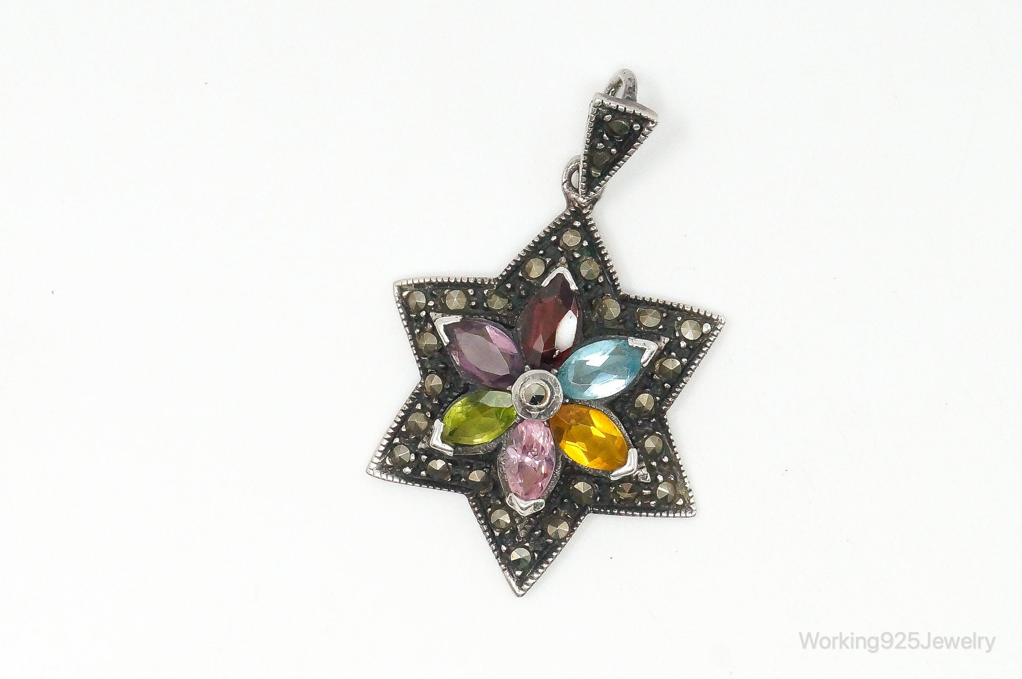 Vintage Multi Gem Flower Sterling Silver Necklace Pendant