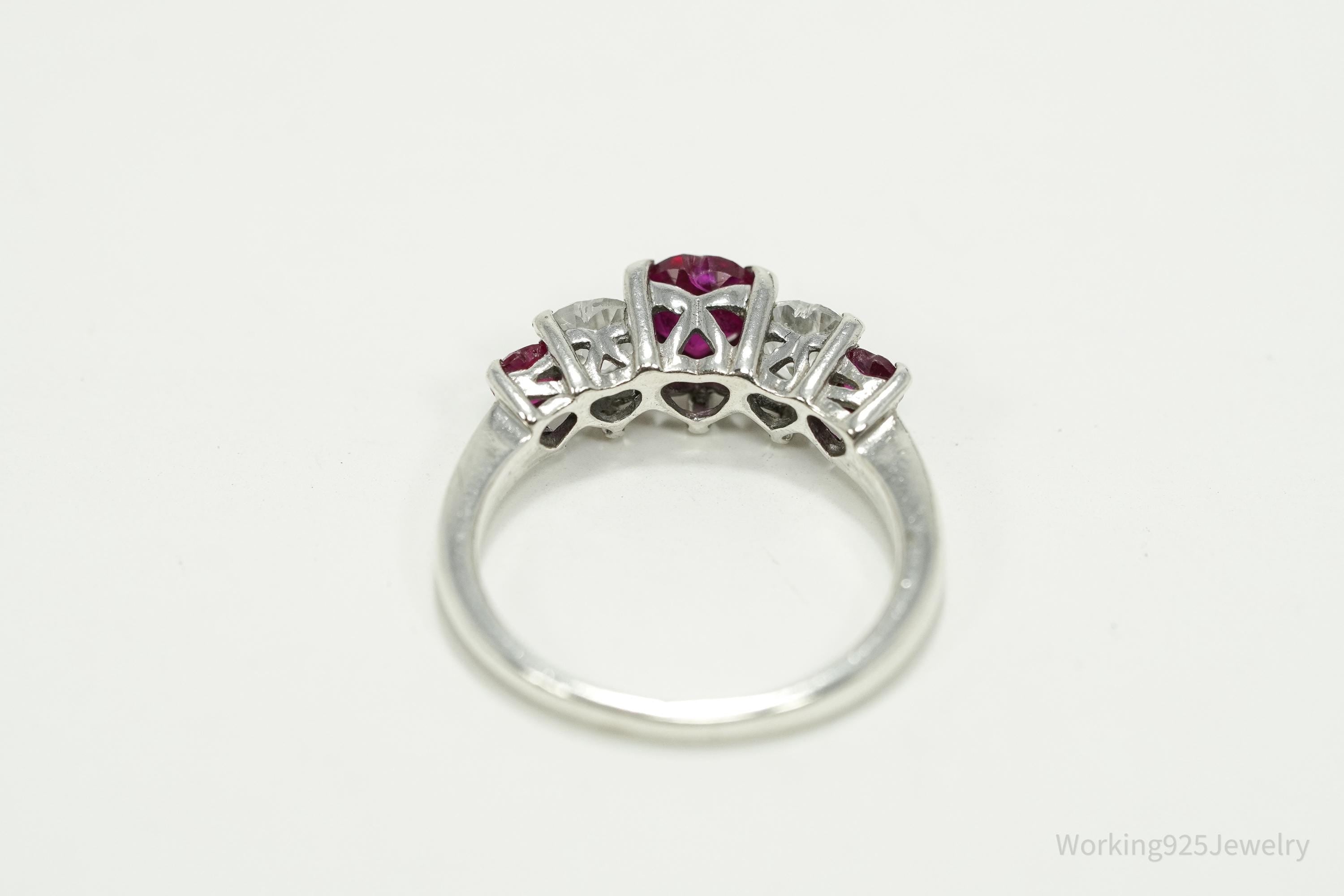 Vintage Ruby & White Topaz Hearts Sterling Silver Ring - Size 5.5