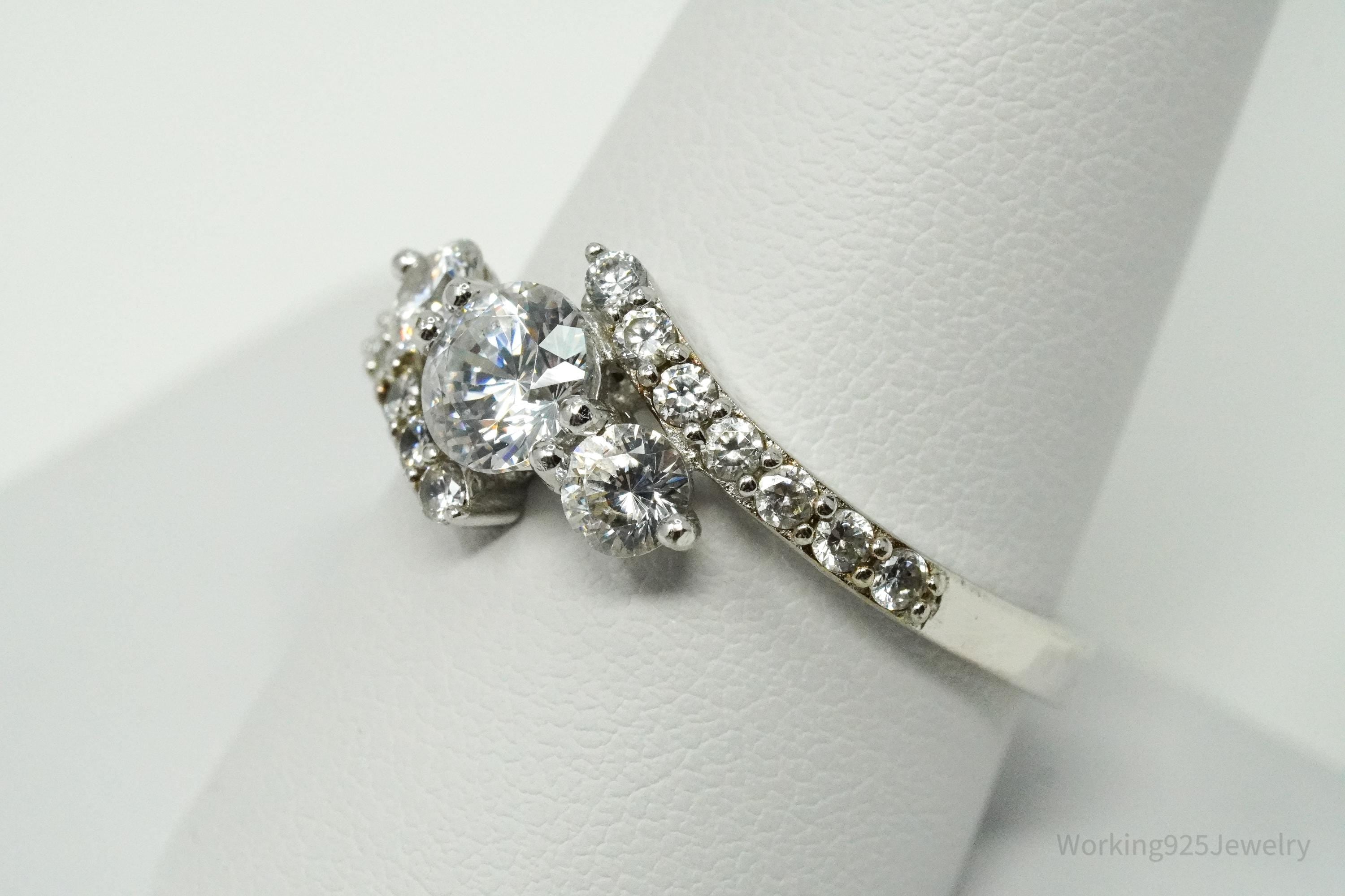 Vintage Cubic Zirconia Sterling Silver Statement Ring - Size 10