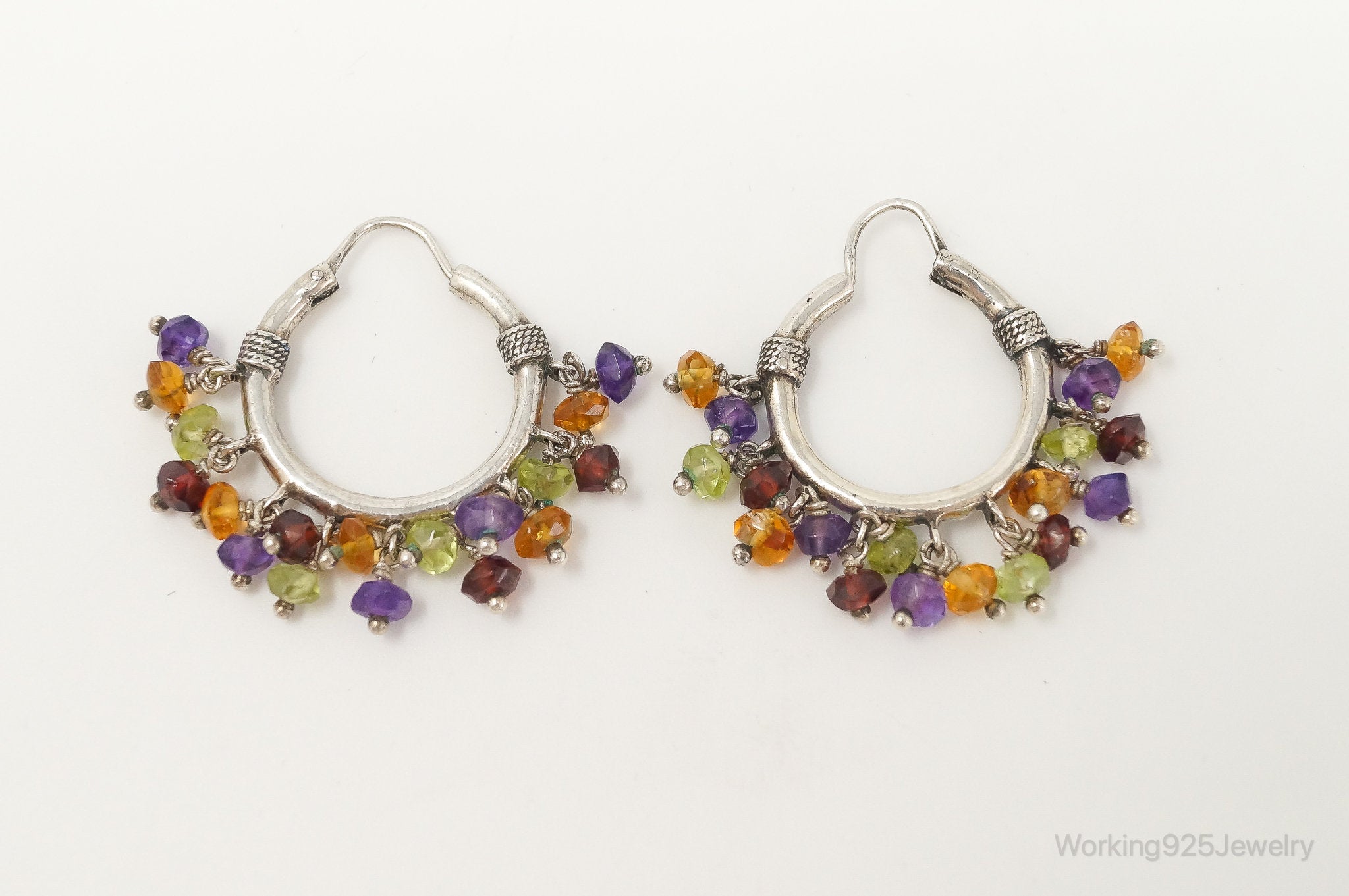 Vintage Multi Gemstone Beads Sterling Silver Hoop Earrings