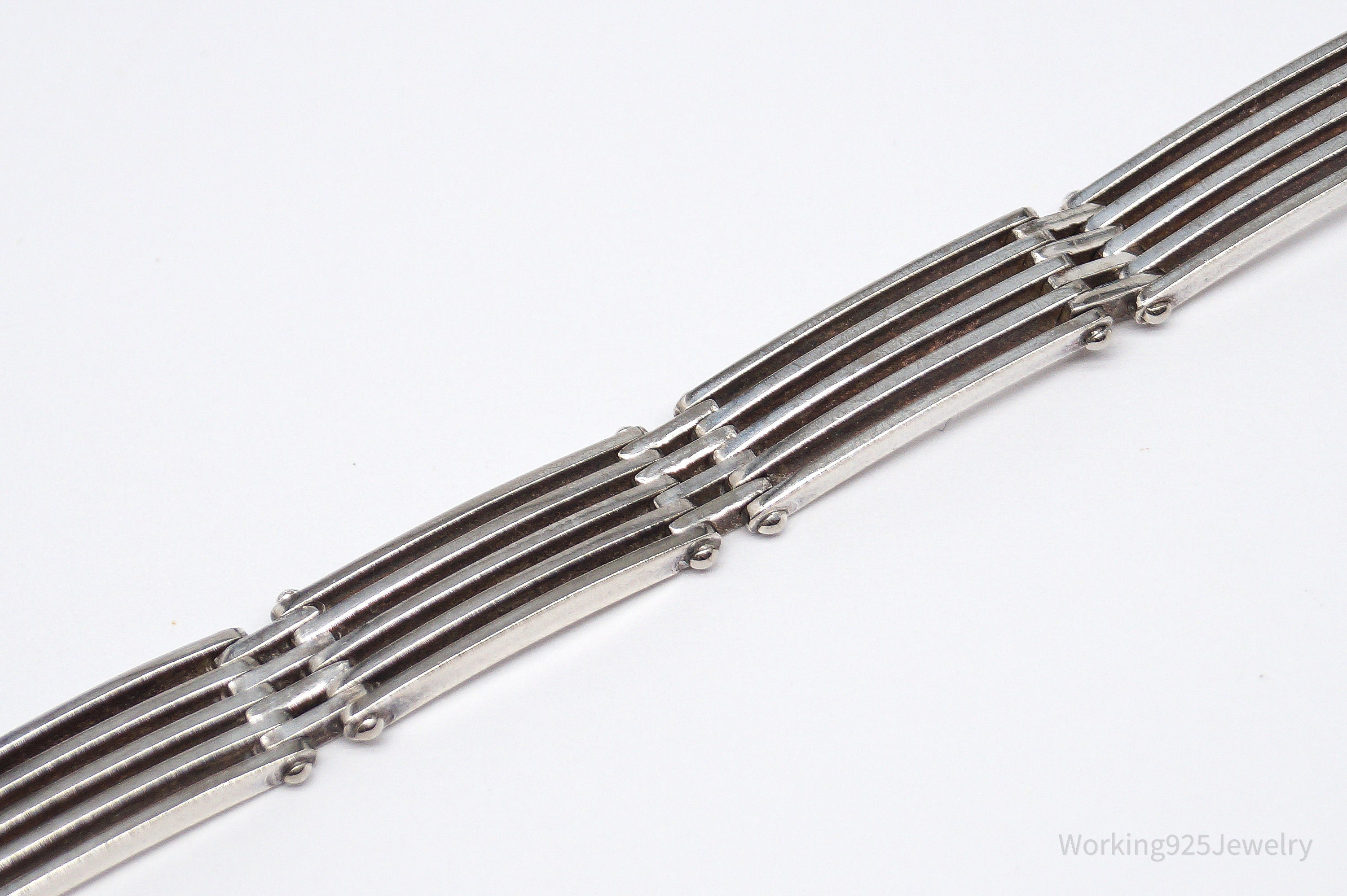 Vintage Italian Sterling Silver Bar Link Hinge Bracelet - 7 3/16"