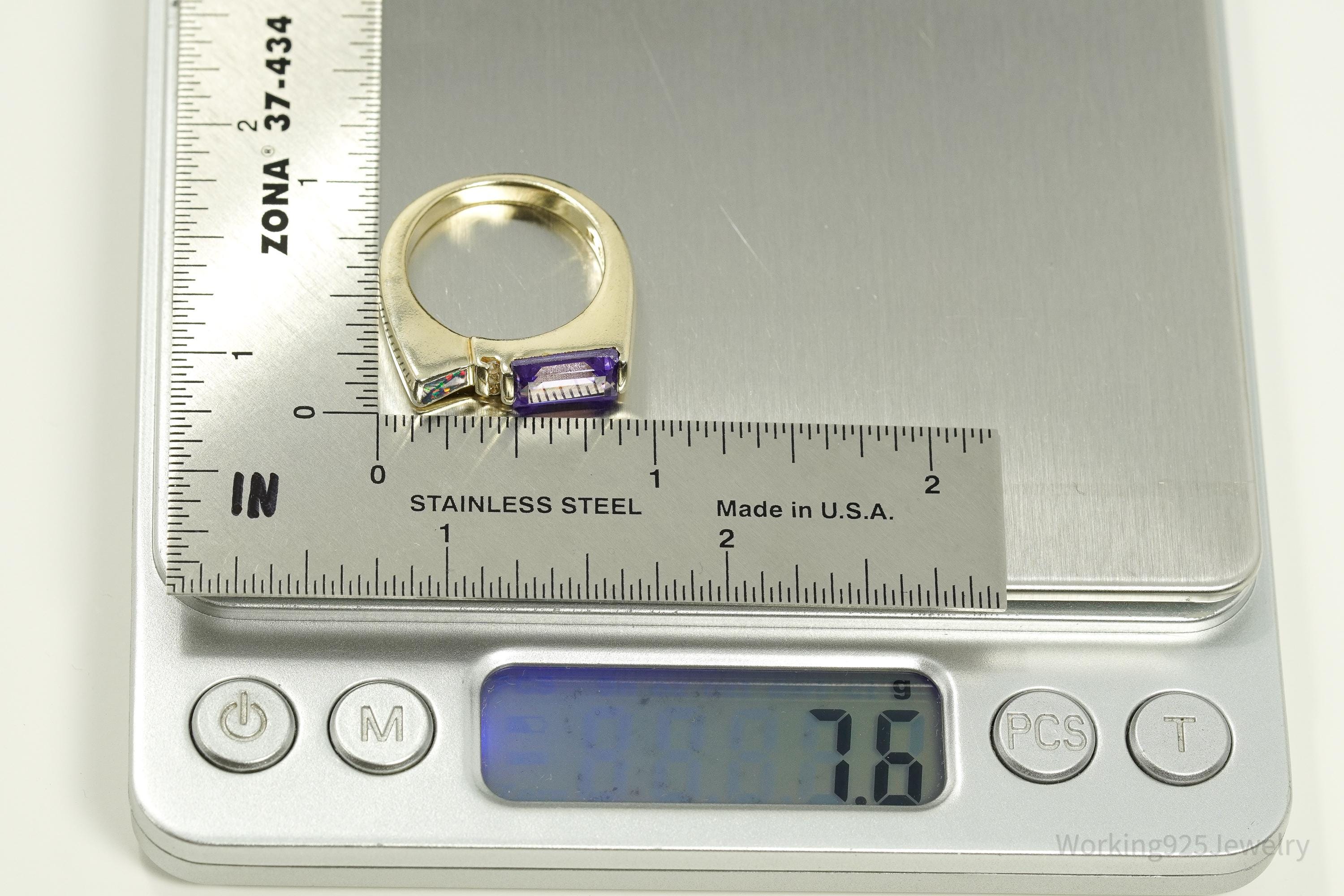 Vintage Designer AK Purple & White CZ Opal Gold Over Sterling Silver Ring - Size 8