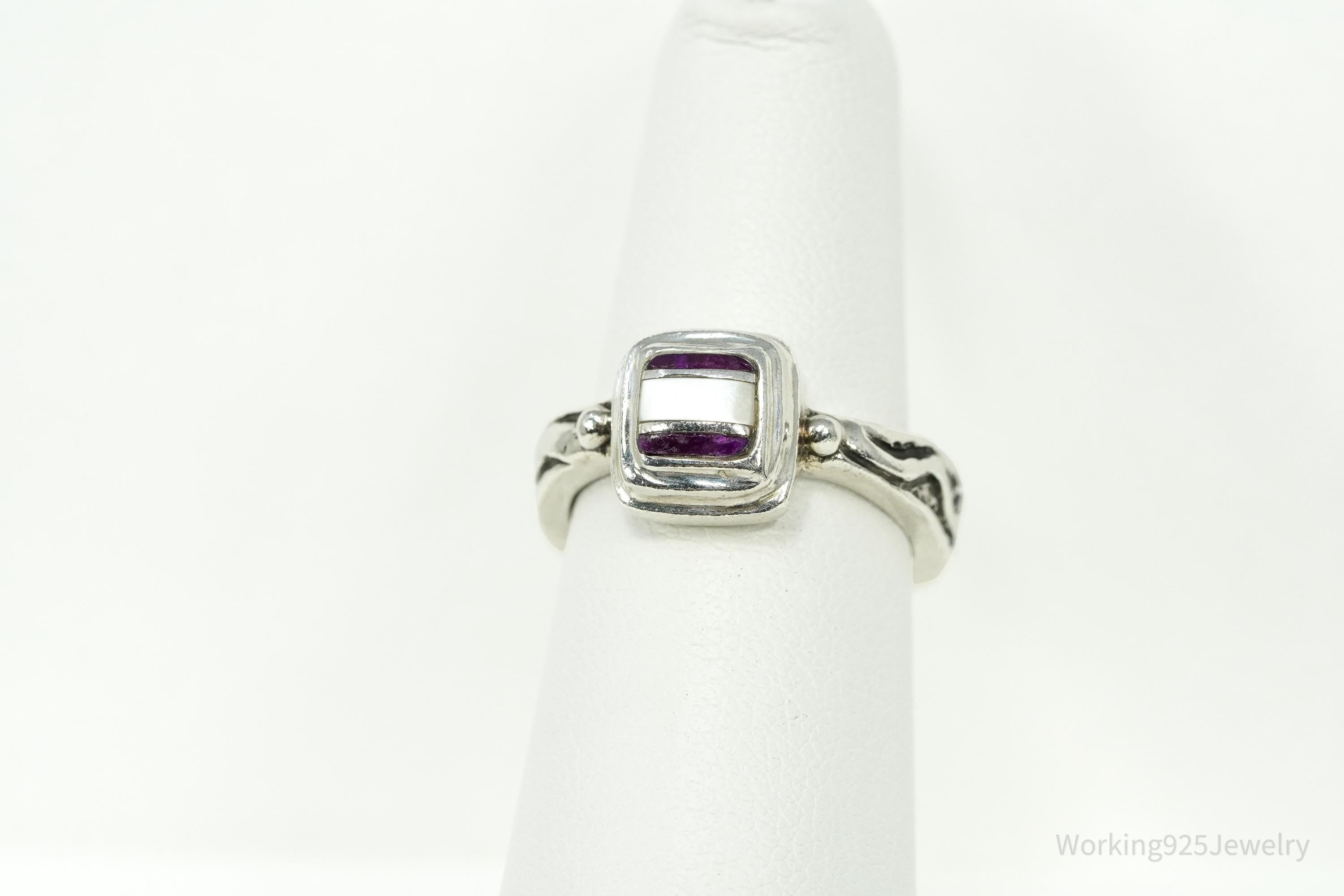 Vintage DeSantis Jewelry Co Mother Of Pearl & Charoite Inlay Sterling Silver Ring - Size 5.75