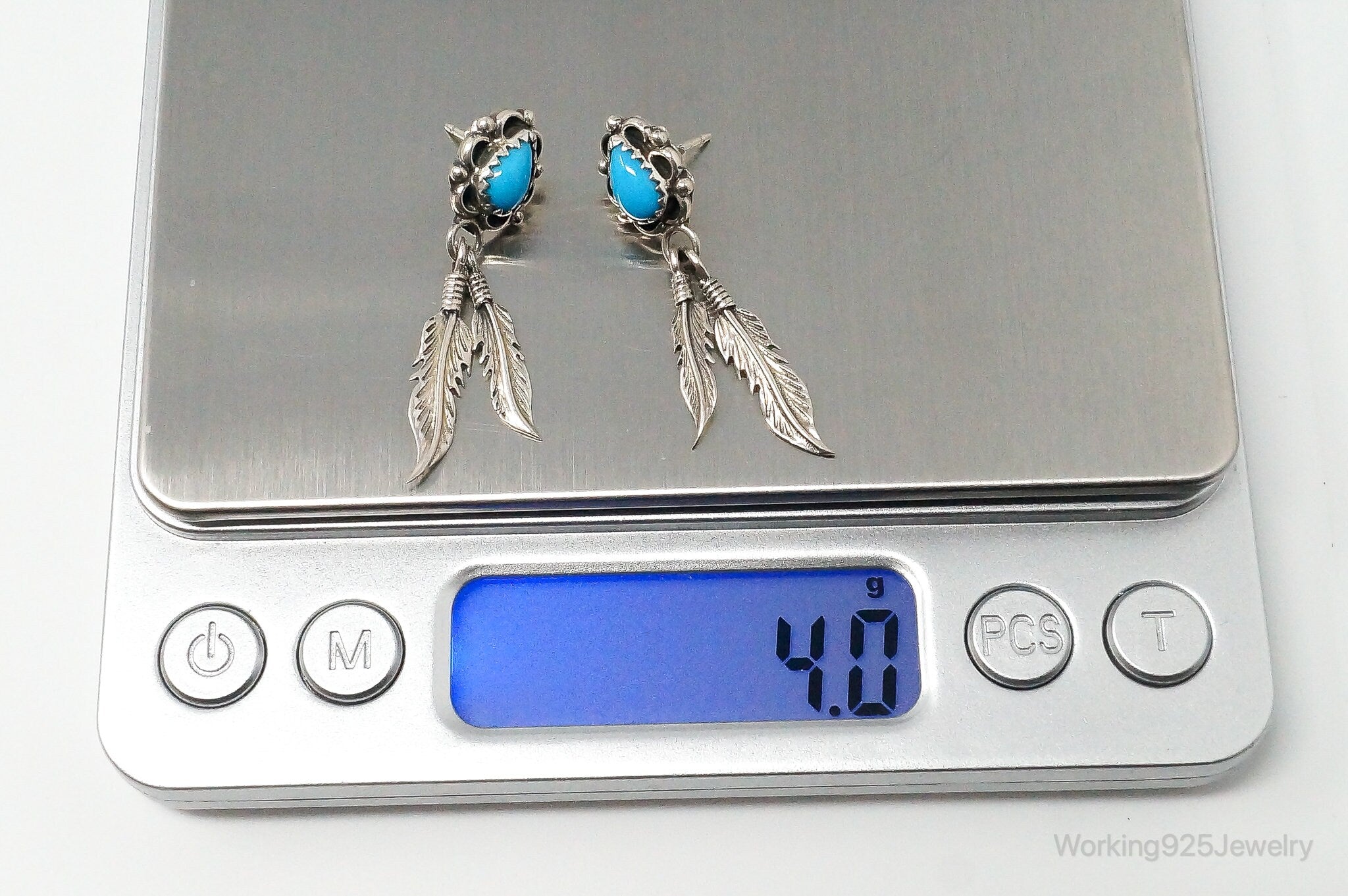 Vintage Native American RB Turquoise Feather Sterling Silver Earrings