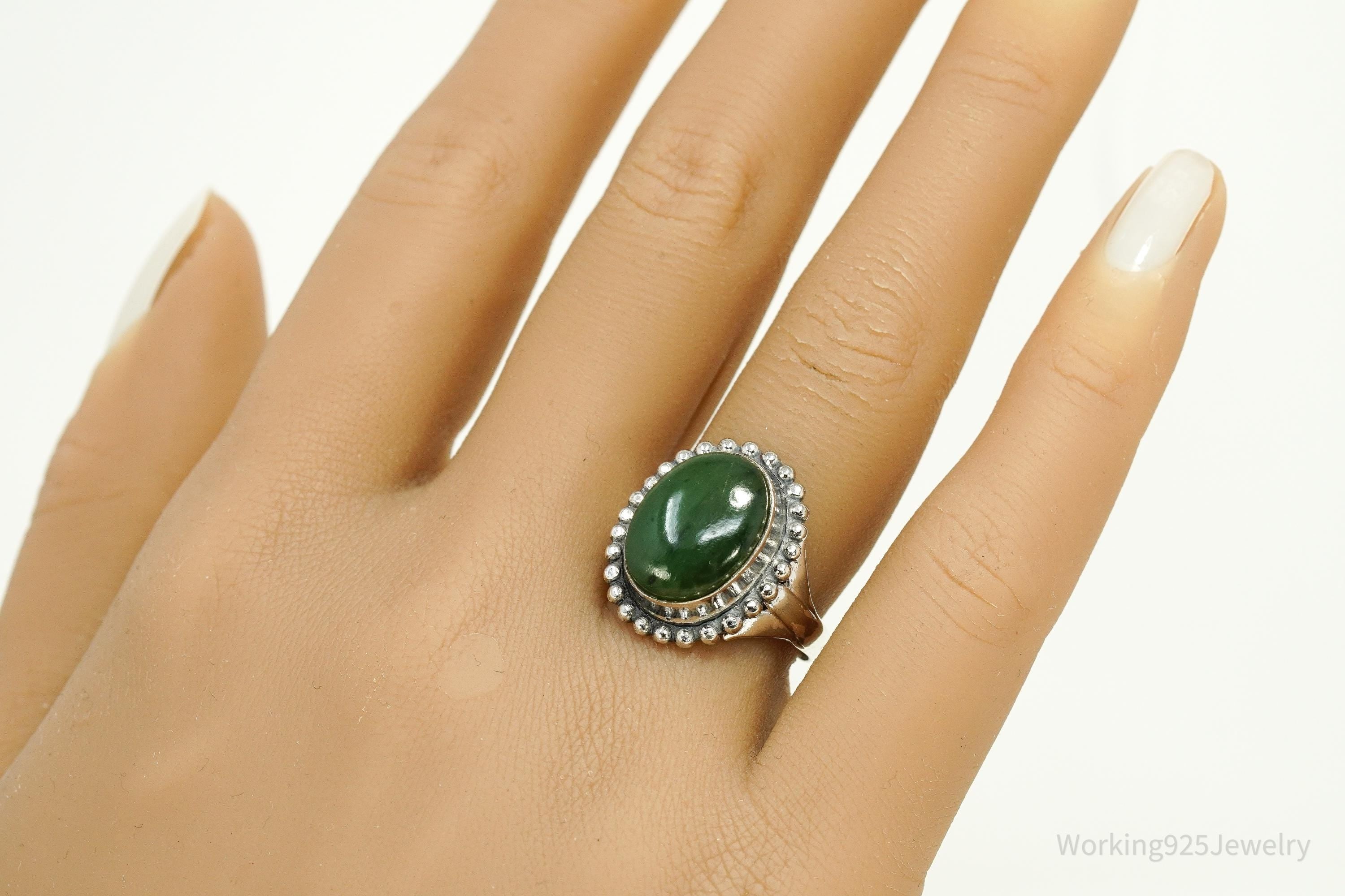 Antique Nephrite Jade Sterling Silver Ring - Size 8.25