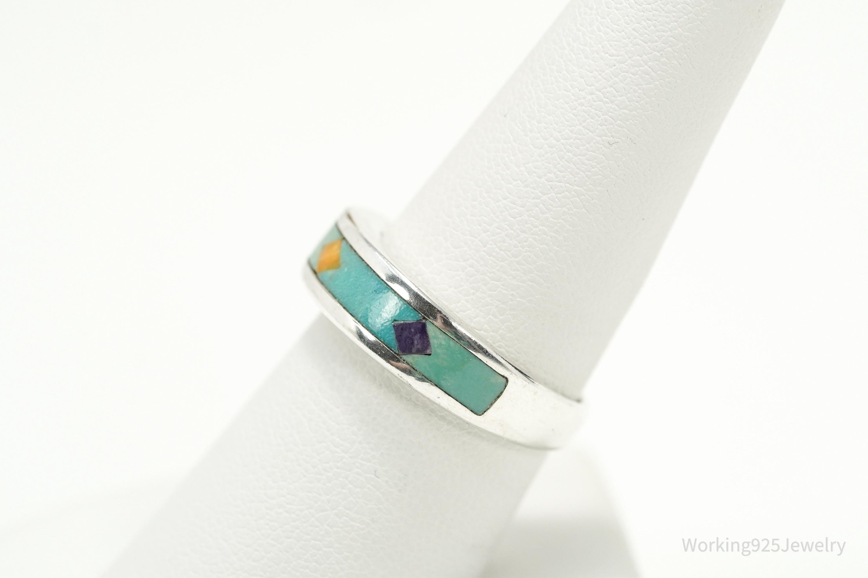 Vintage WJ Waldeck Johnson Sterling Silver Ring • Southwest Gem Inlay Sz 8