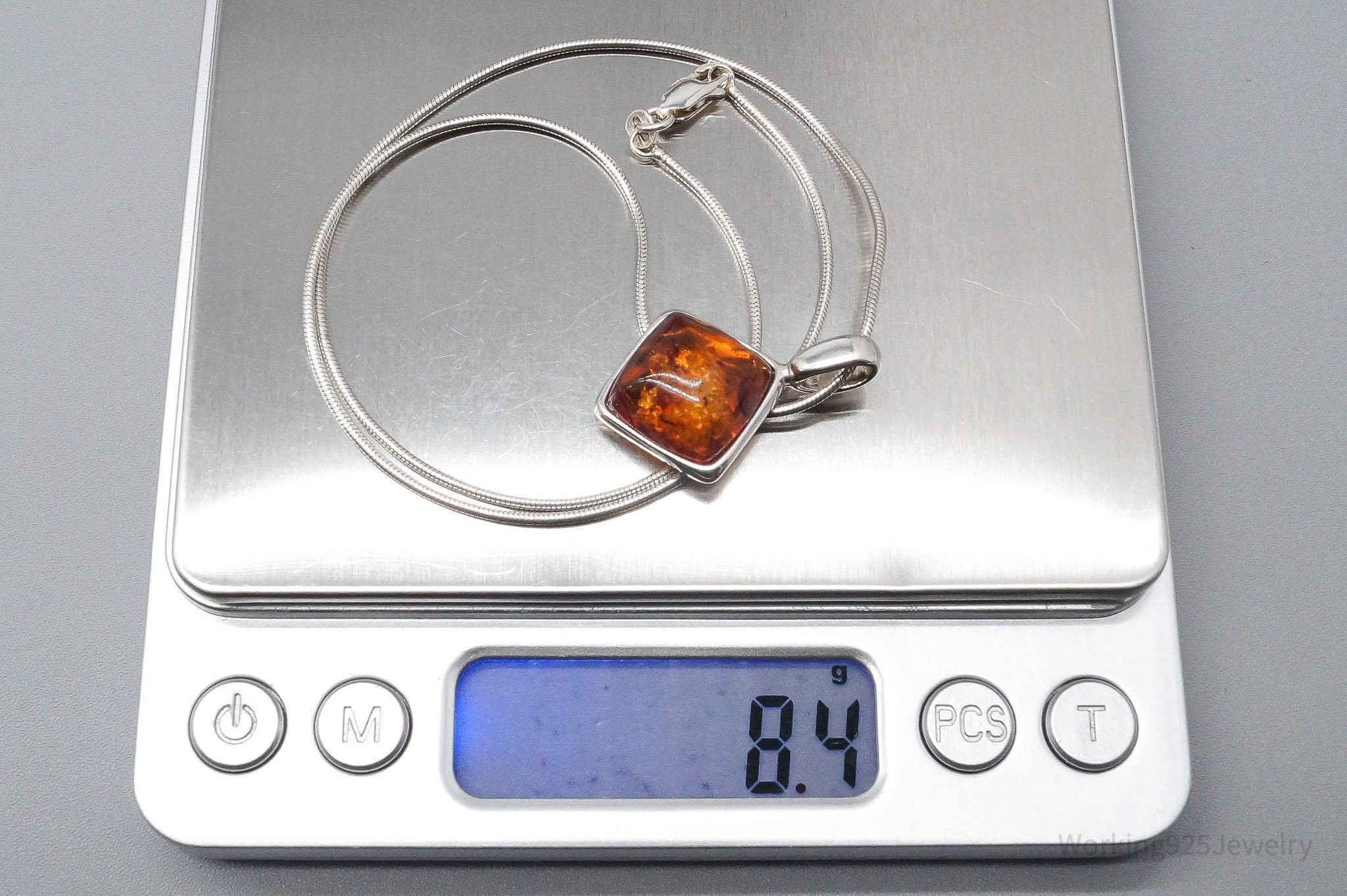 Vintage Amber Sterling Silver Chain Necklace - 16"