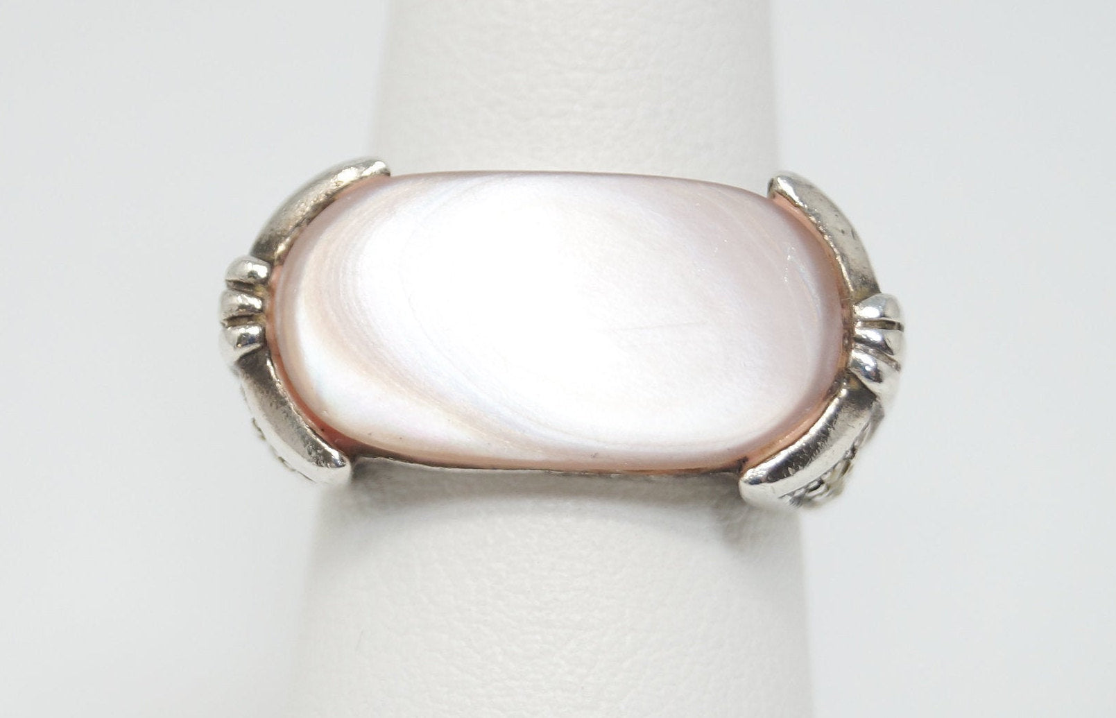 Vintage Pink Mother Of Pearl Marcasite Sterling Silver Statement Ring - Sz 6.5