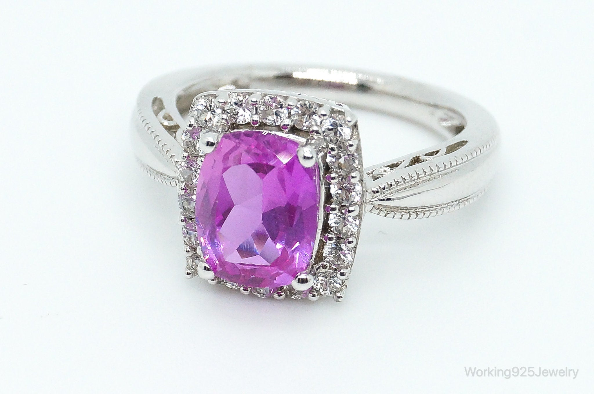 Fuchsia Tourmaline Cubic Zirconia "Mom" Sterling Silver Ring - Size 6.75