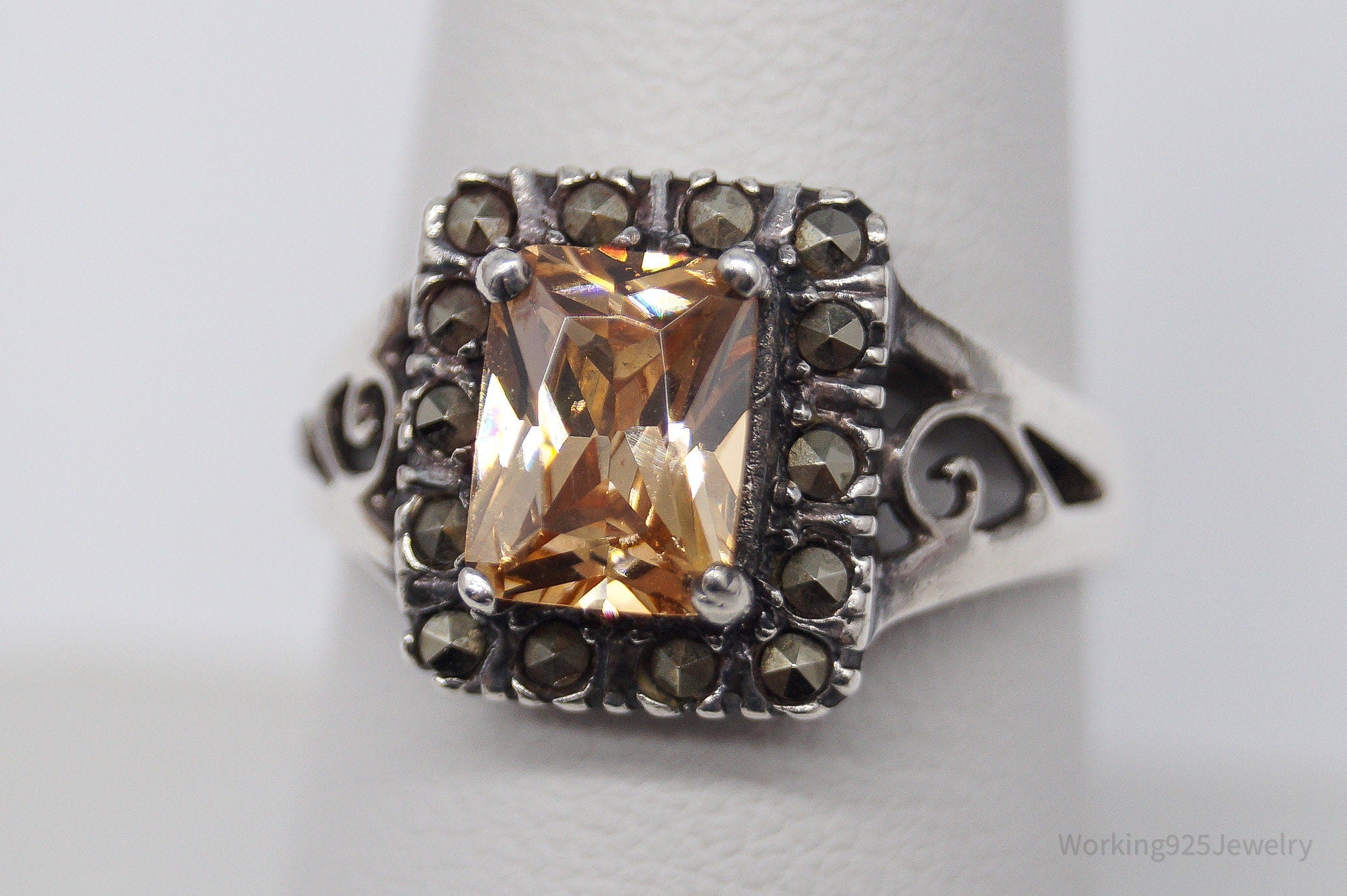 Vintage Champagne Cubic Zirconia & Marcasite Sterling Silver Ring - Size 8