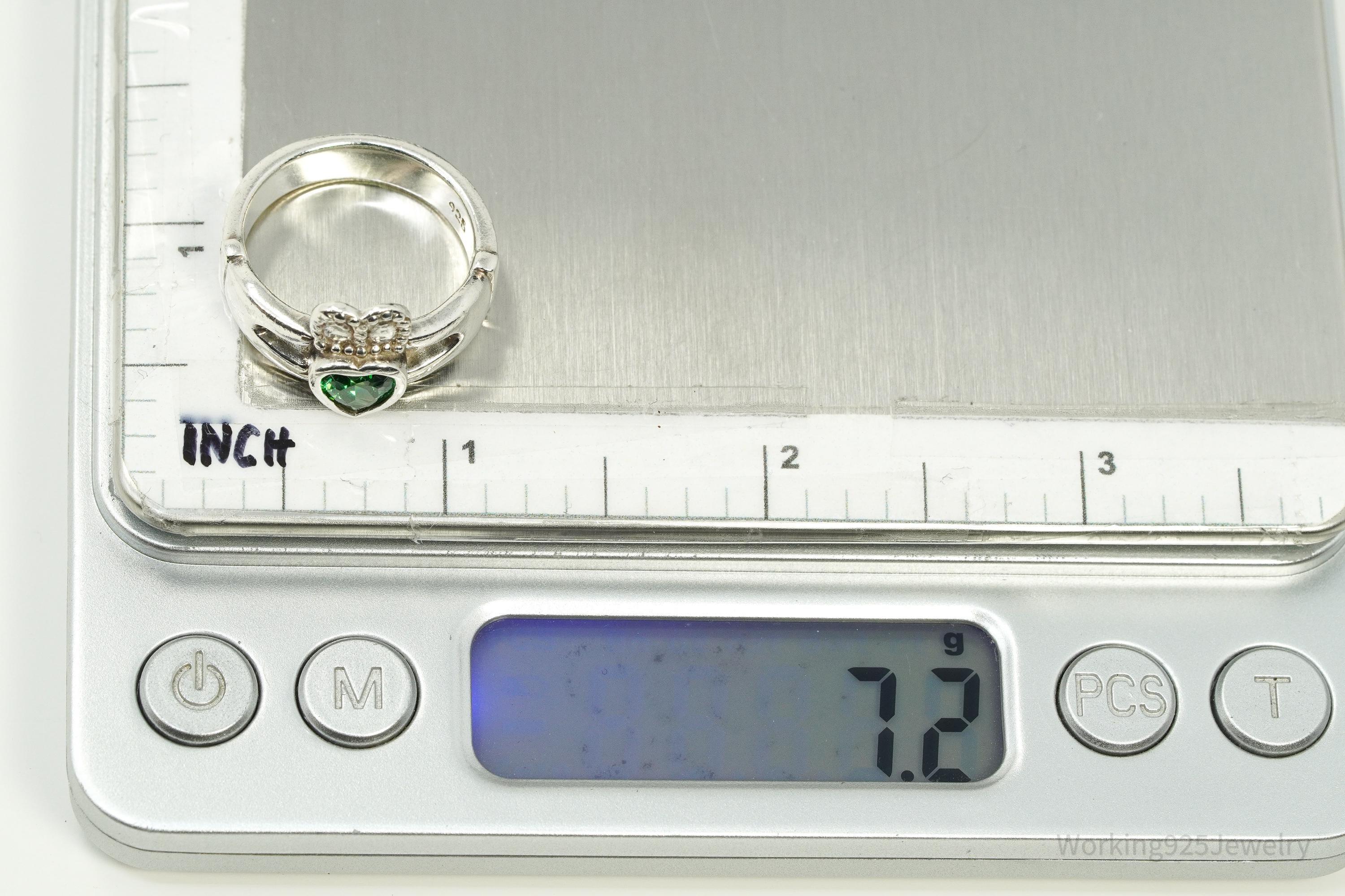 Vintage Green Tourmaline Heart Claddagh Sterling Silver Ring - Size 7.75