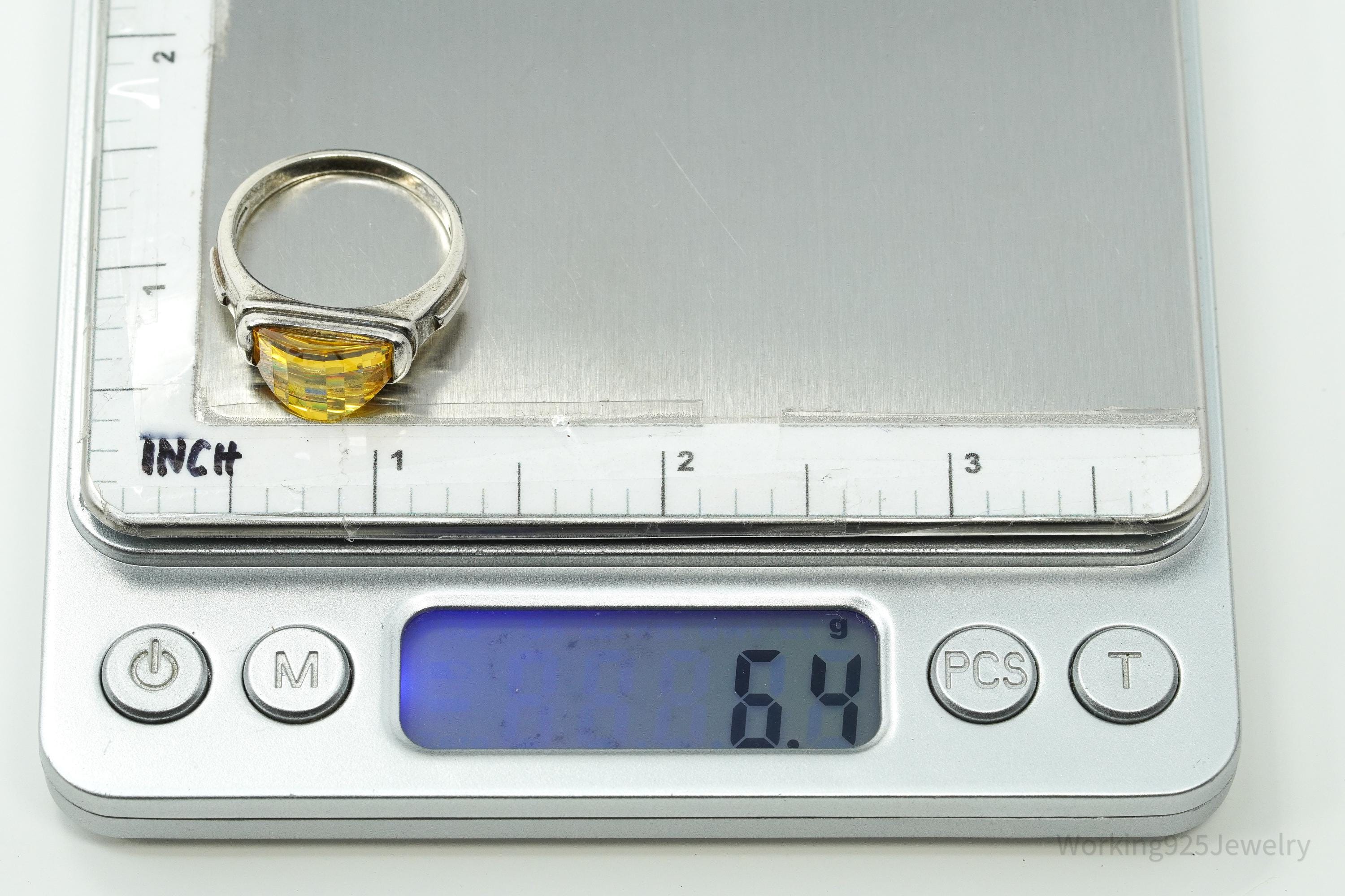 Vintage Yellow Diamonique Cubic Zirconia Sterling Silver Ring Size 9.25