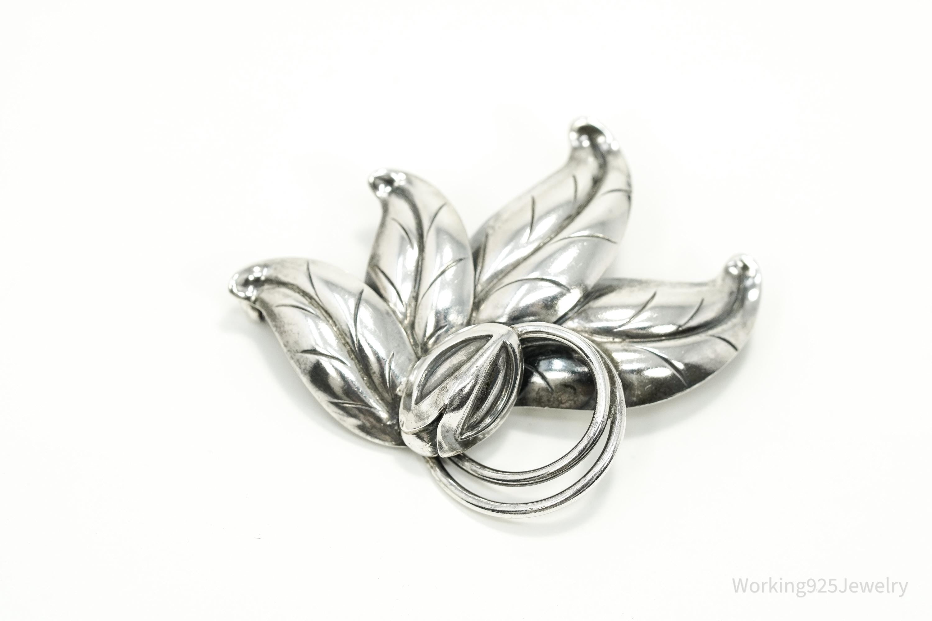 Large Vintage Denmark Hermann Siersbol Modernist Floral Sterling Silver Pin Brooch