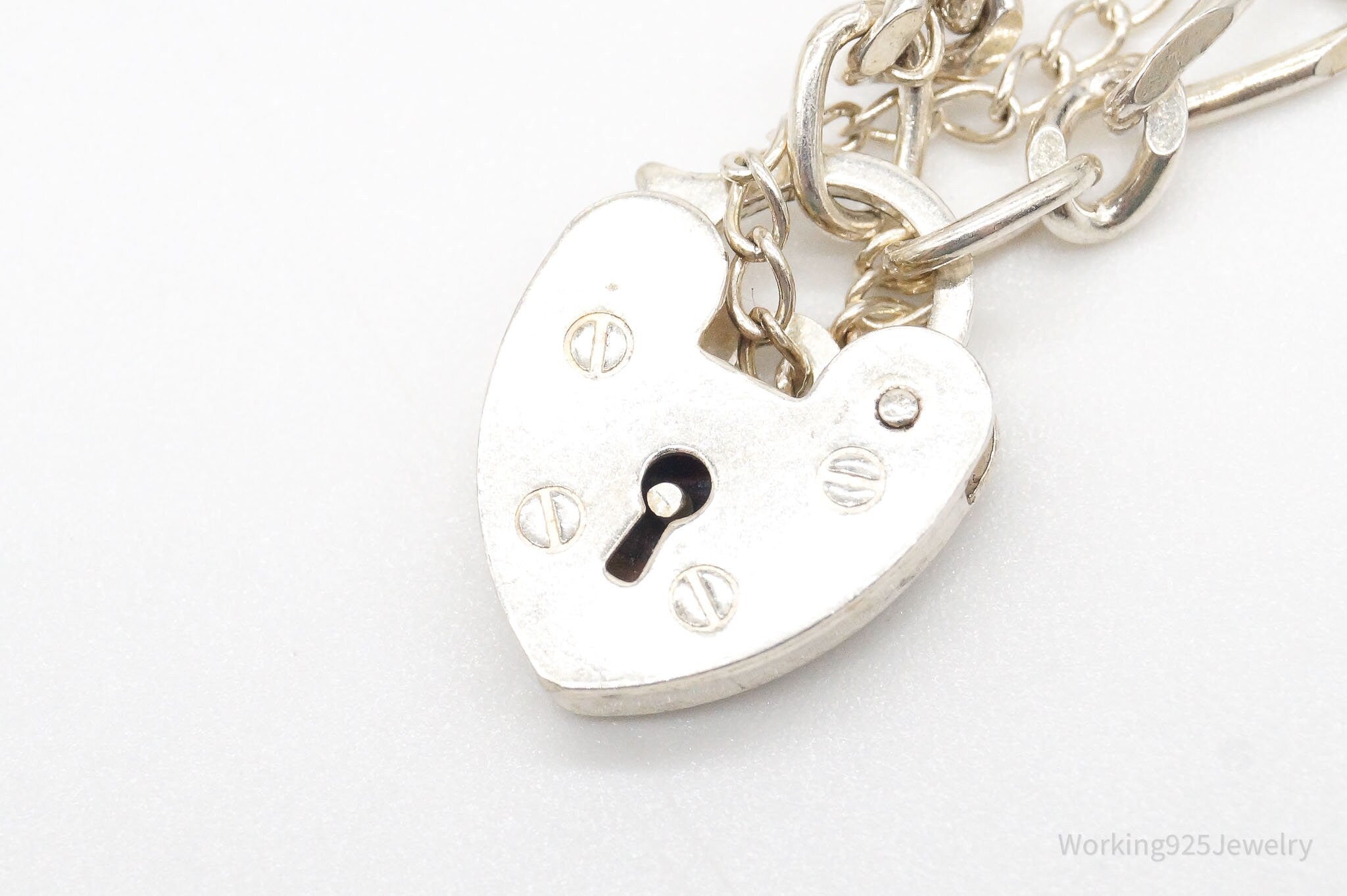 Antique Heart Pad Lock Charm Closure Sterling Silver Pressure Release Bracelet