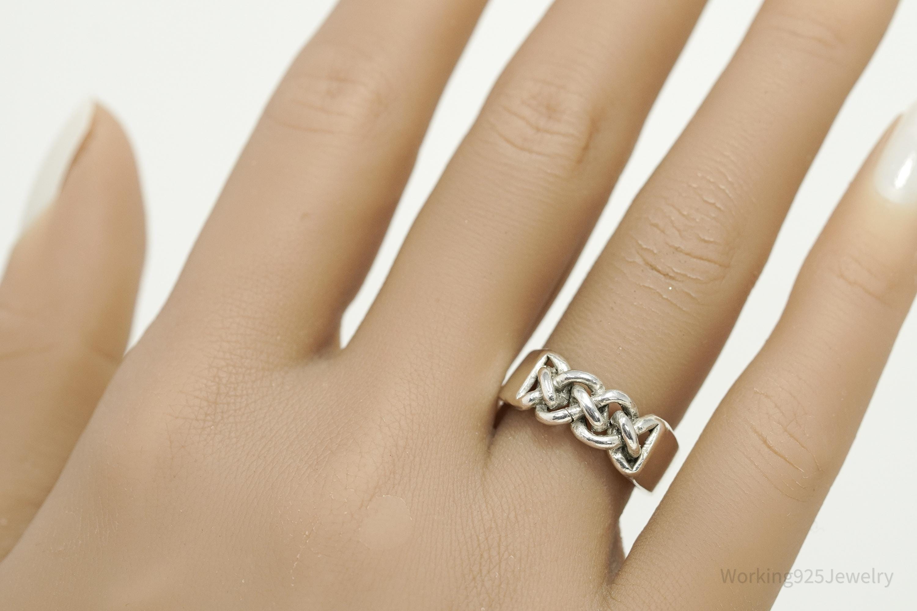 Vintage Chain Modernist Style Sterling Silver Ring - Size 8