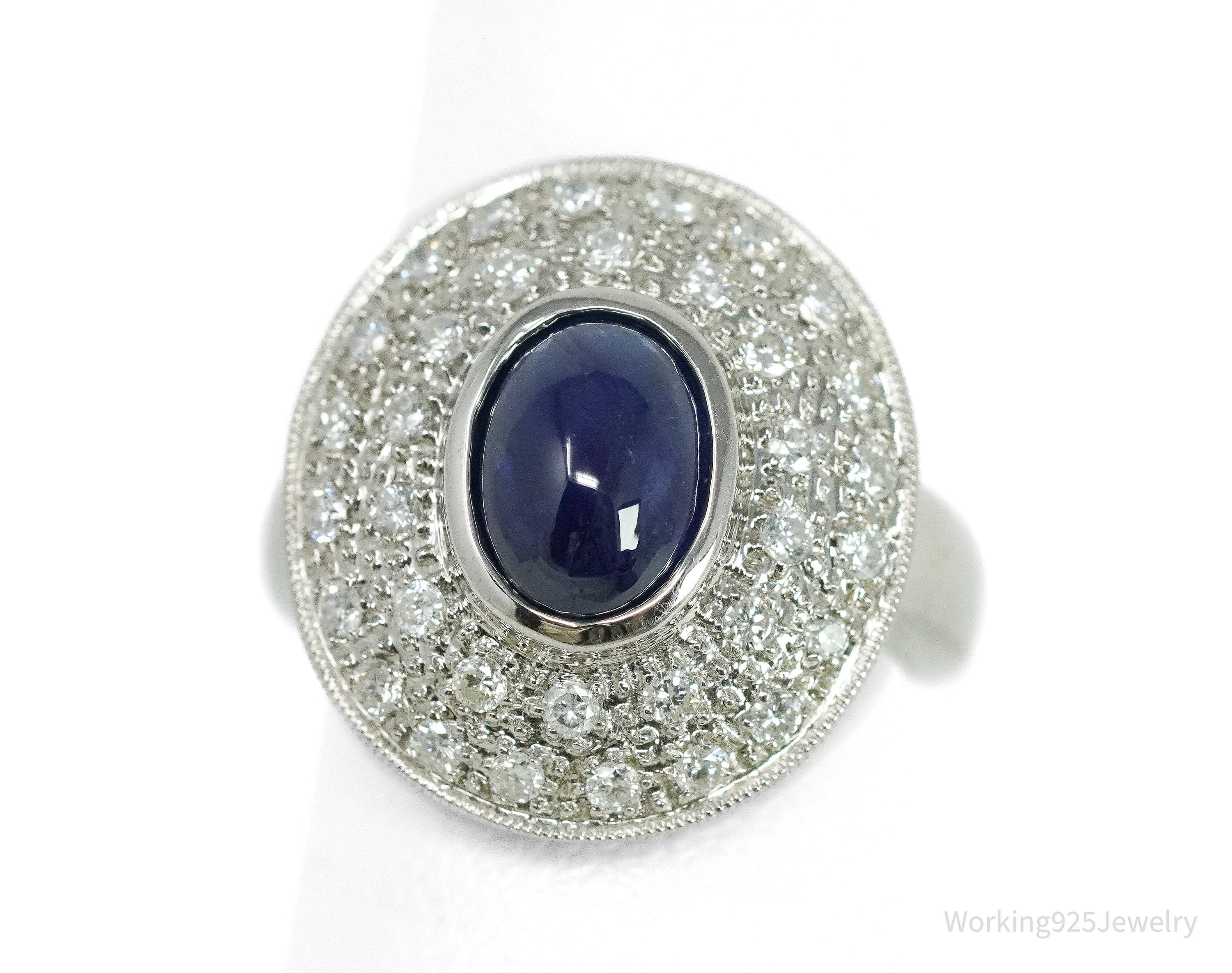 18K White Gold & Natural Sapphire with Diamond Bezel Set Ring - Size 4