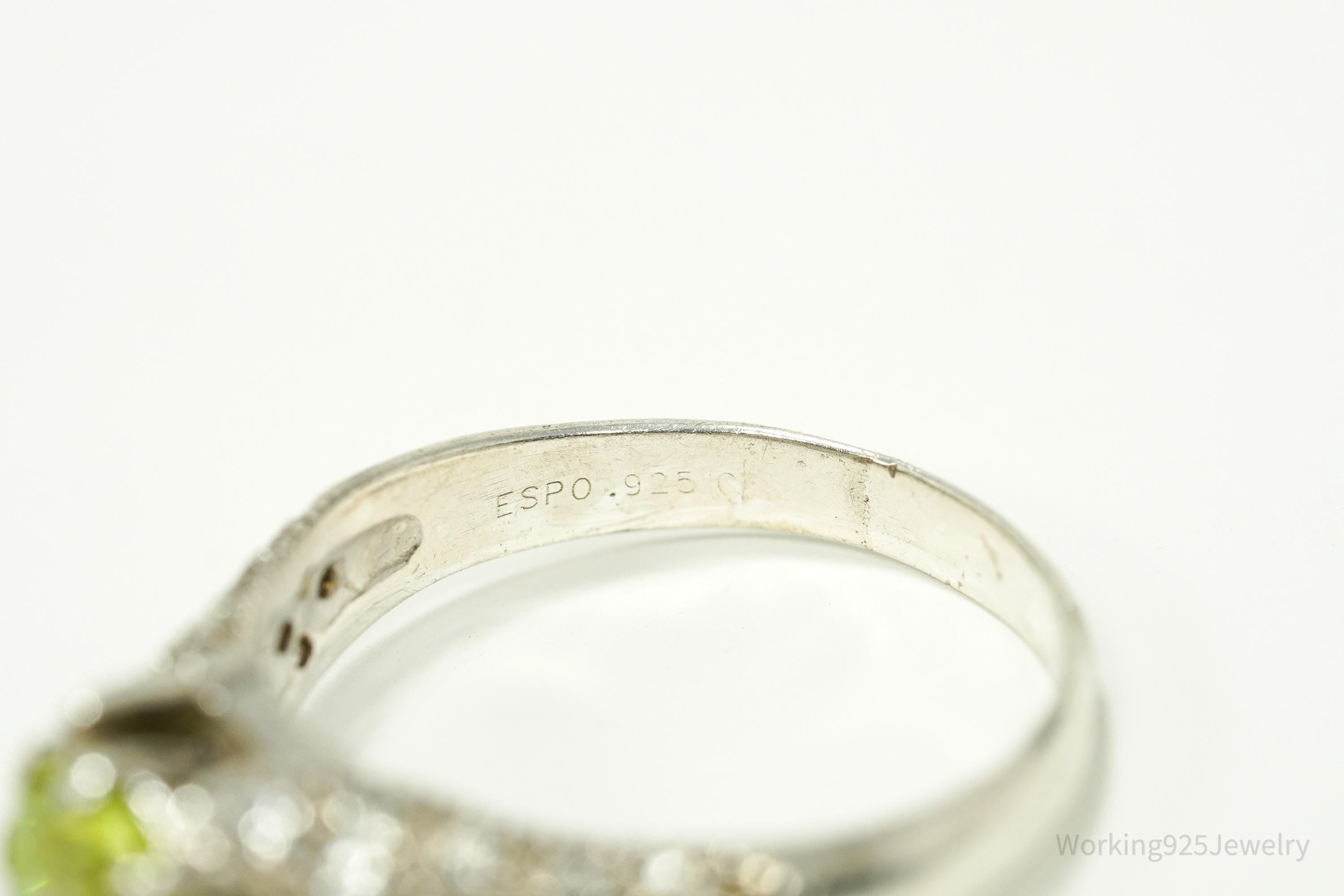 Vintage Espo Green & White Cubic Zirconia Sterling Silver Ring - Size 9