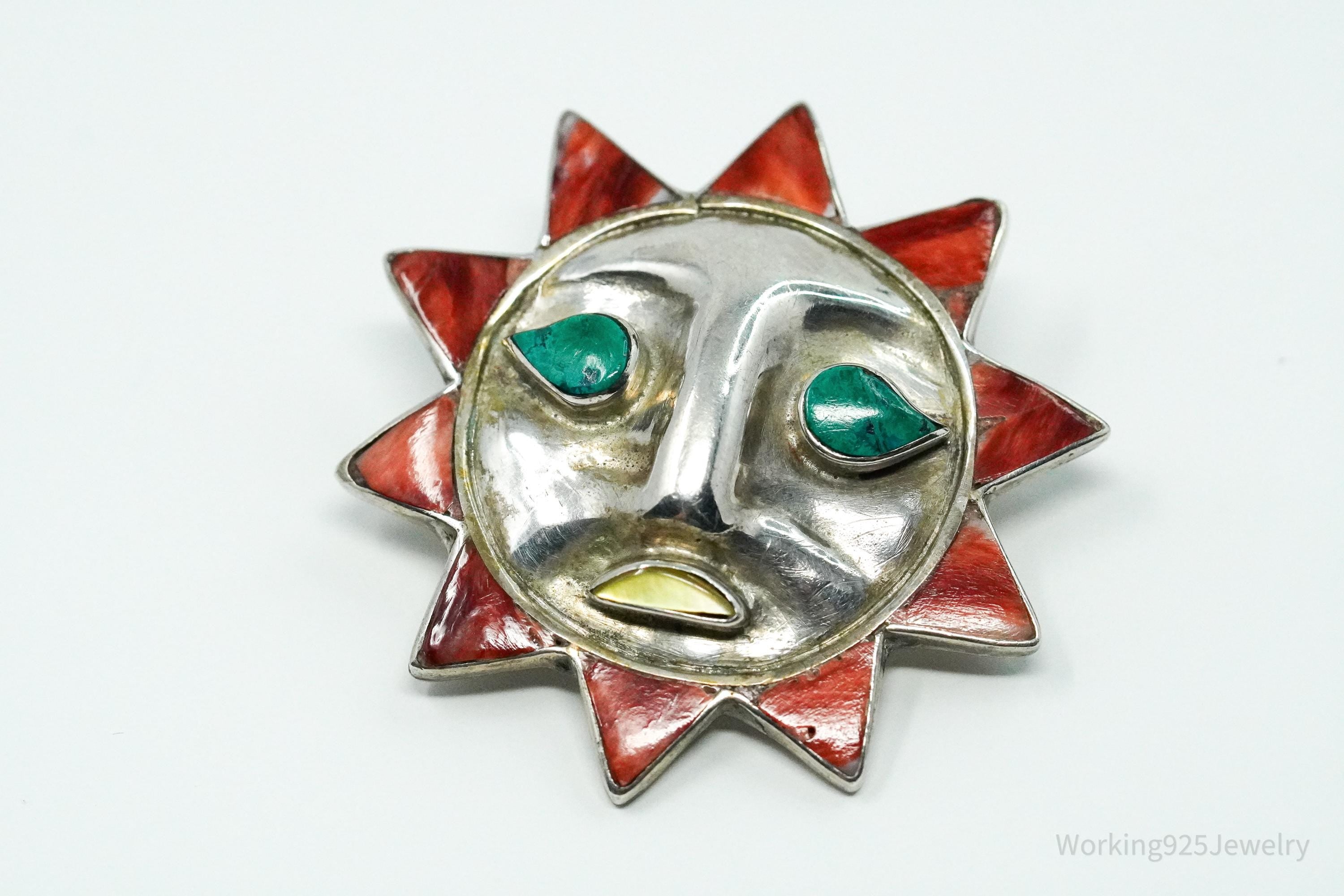 Large Vintage Multi Stone Inlay Sun Face 950 Silver Pendant