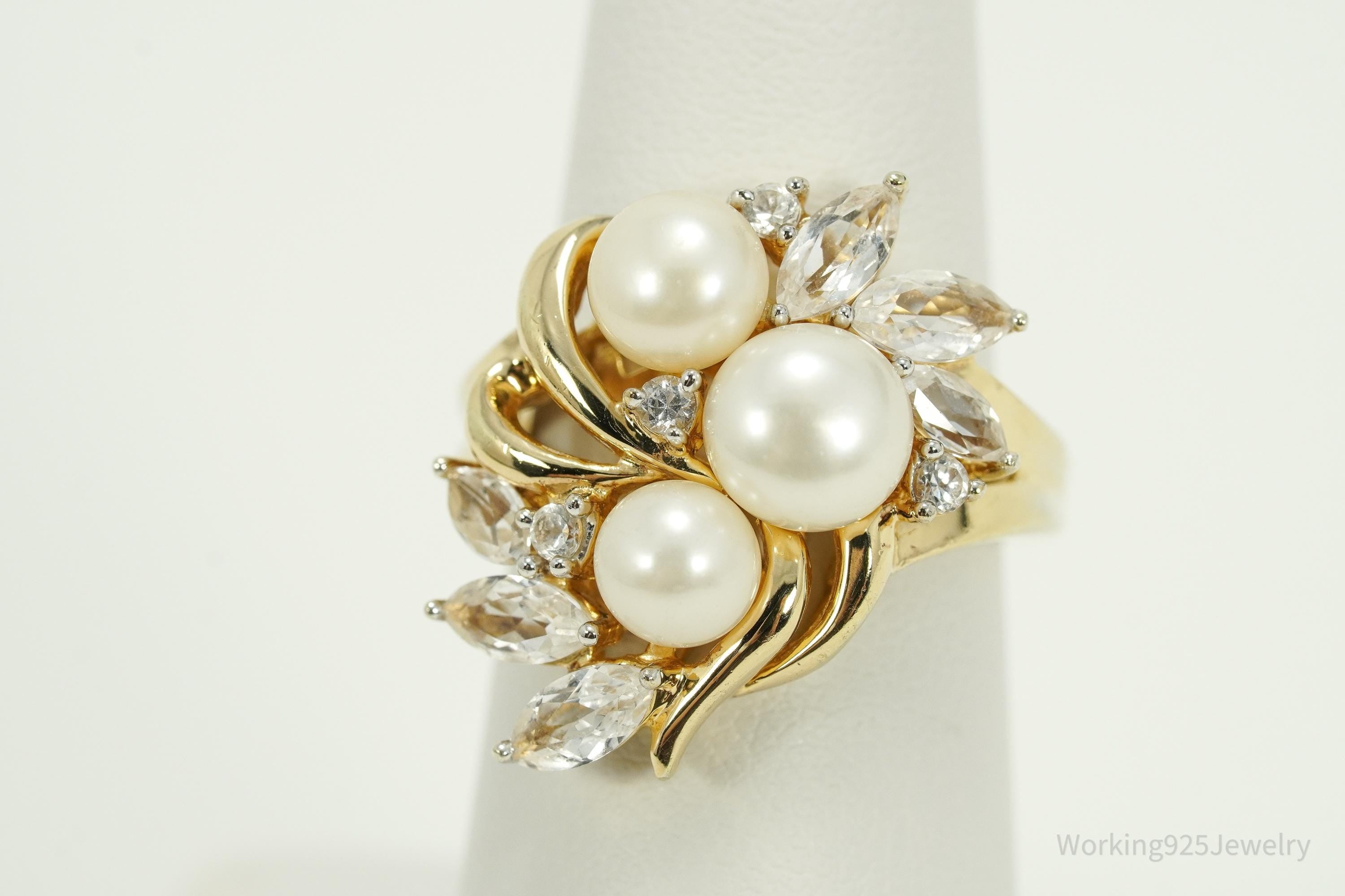 Vintage Pearl & White Sapphire Gold Over Sterling Silver Ring Size 7