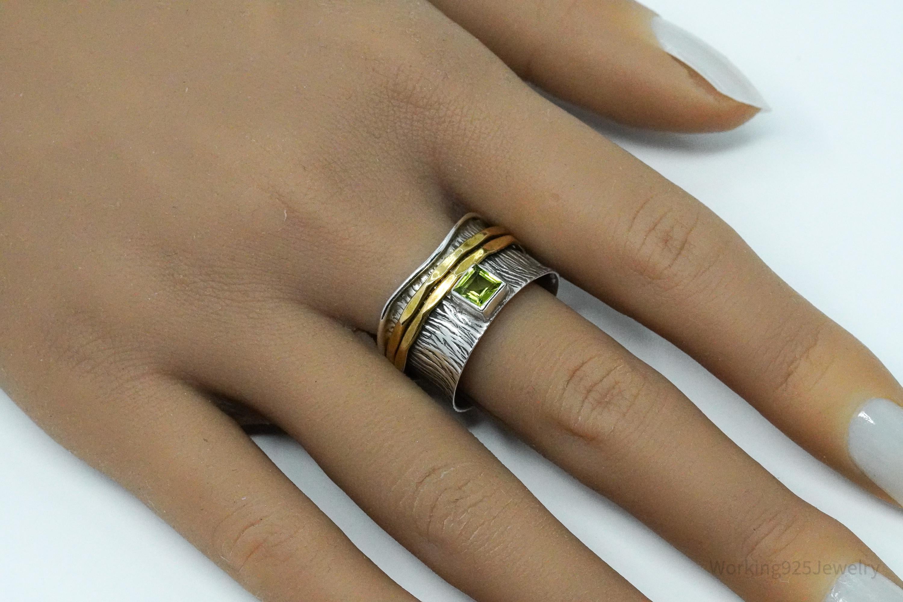 Vintage Peridot Brass Sterling Silver Spinner Band Ring- Size 10.75