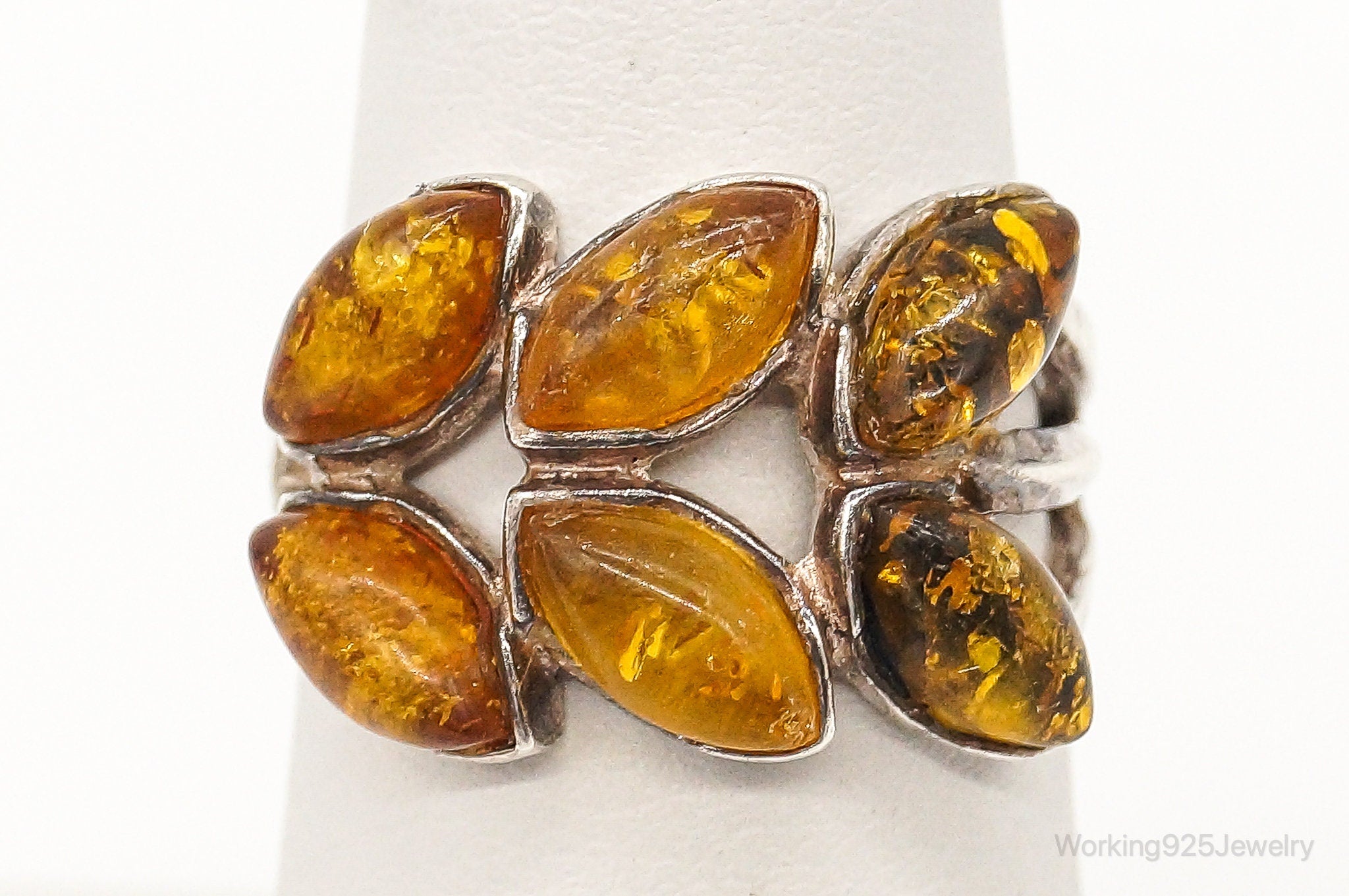 Vintage Modernist Amber Sterling Silver Ring - Size 6